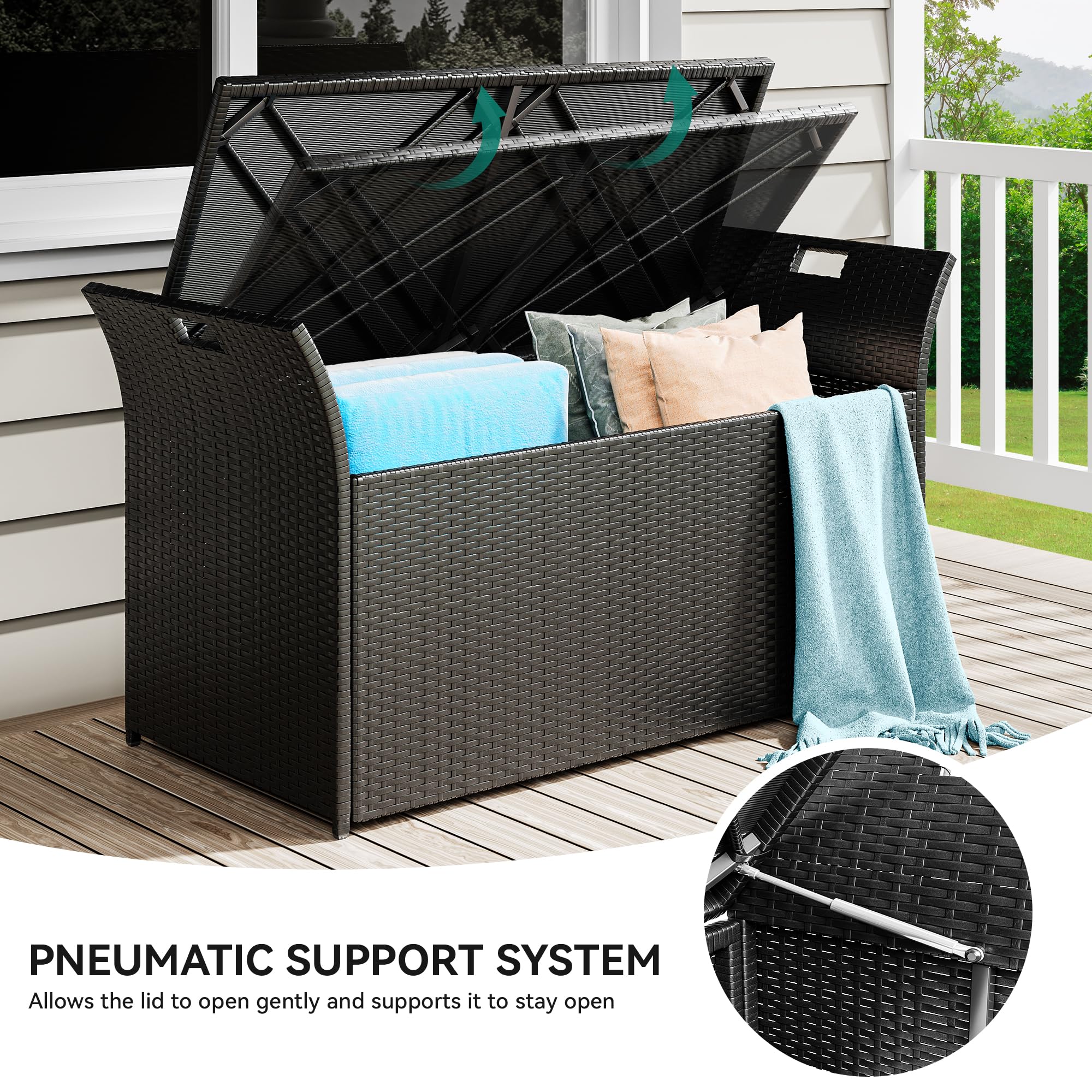 **YITAHOME 90 Gallon Outdoor Wicker Storage Bench with Cushion – Large PE Rattan Deck Box with Handles & Hydraulic Lid – Perfect for Patio Furniture, Cushions, Garden Tools, Pool & Sports Equipment – Black & Grey – Ideal for Backyard, Deck, and Poolside Storage**