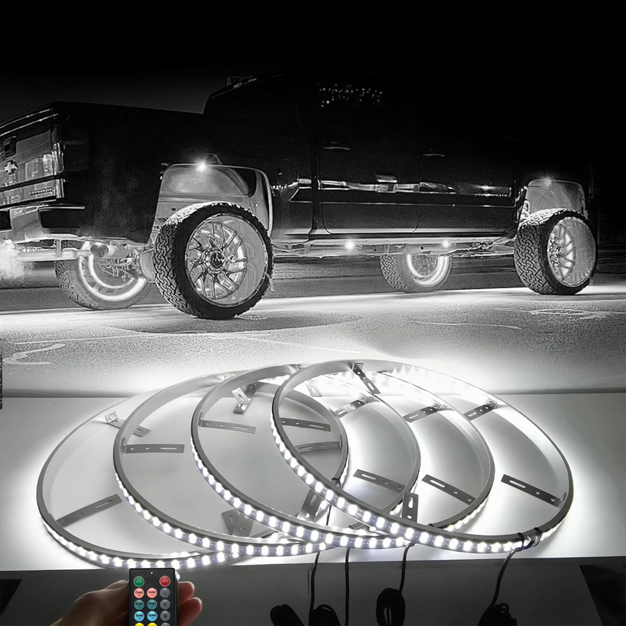 15.5 Inch Waterproof White LED Wheel Lights for Trucks & SUVs - APP & RF Remote Control, Durable Rim Tire Lights for Offroad, Pickup, and Vehicles (Perfect for Night Driving & Car Customization)