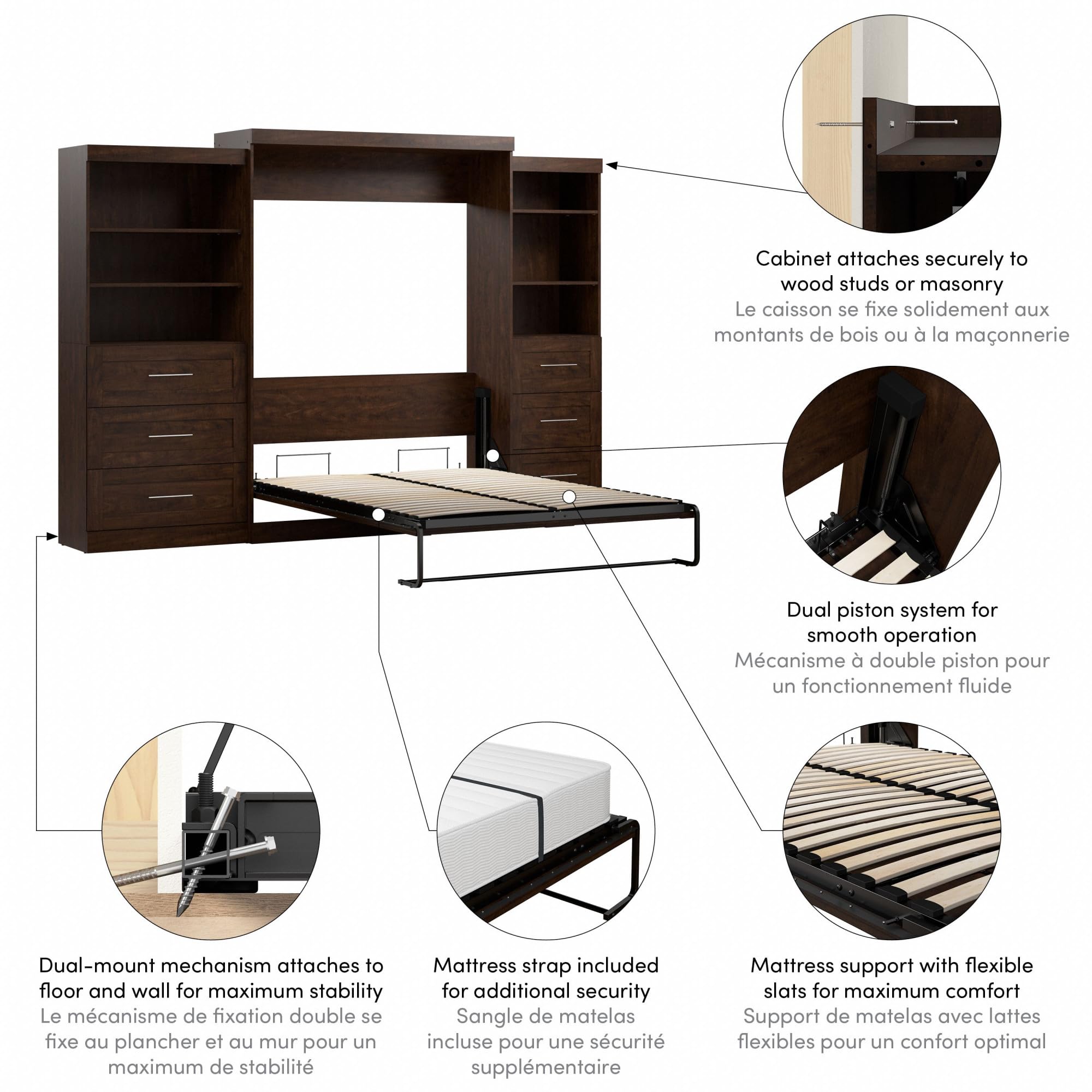 Bestar Pur Queen Murphy Bed with 2 Shelving Units - Space-Saving Wall Bed with Storage & Closet Organizers, Chocolate Finish (126-inch) - Perfect for Small Apartments, Guest Rooms & Home Offices