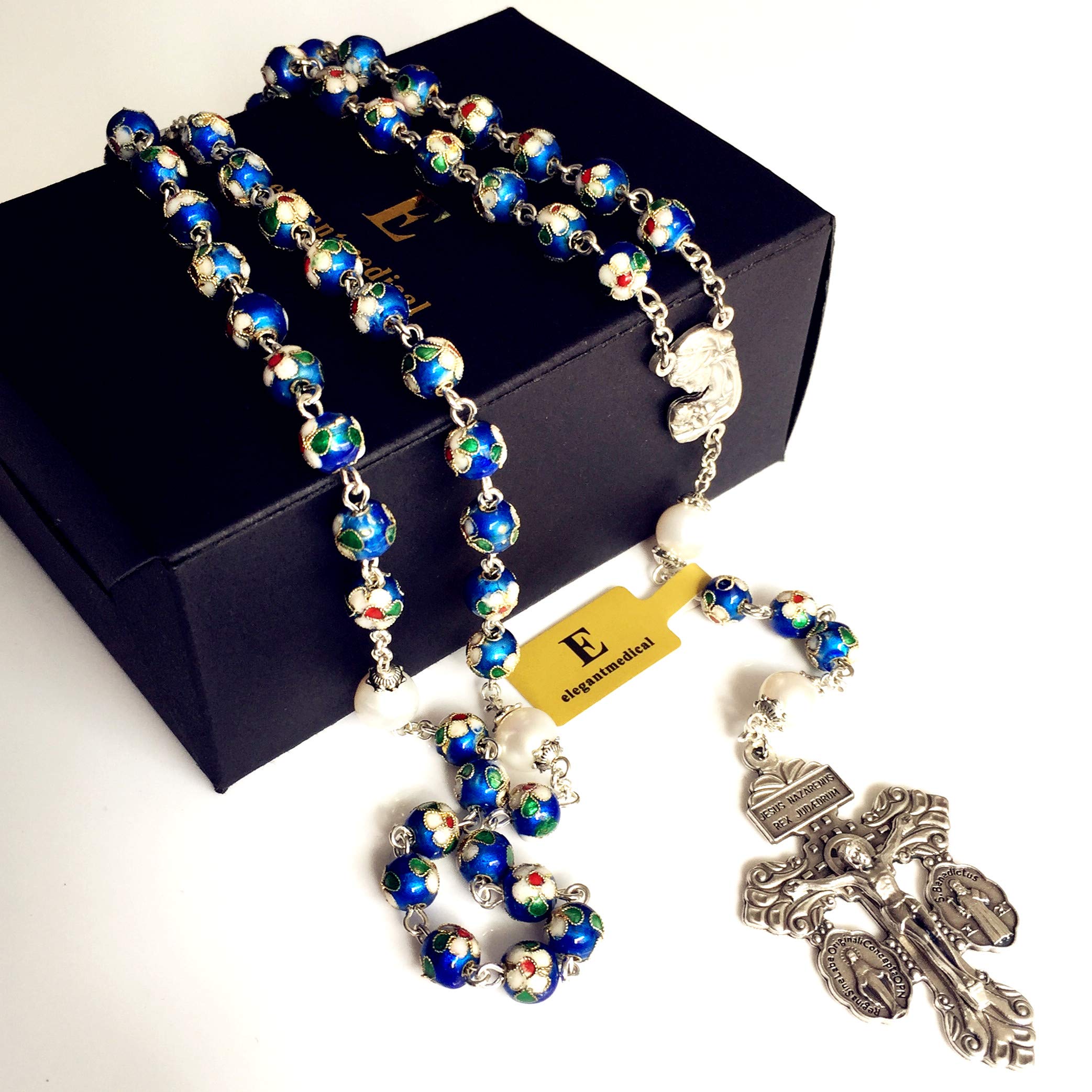 Handmade Blue Cloisonne Pearl Beads Rosary Necklace with 10mm Pearls & Italian Pardon Cross Crucifix - Catholic Gift for Prayer, Meditation & Religious Occasions