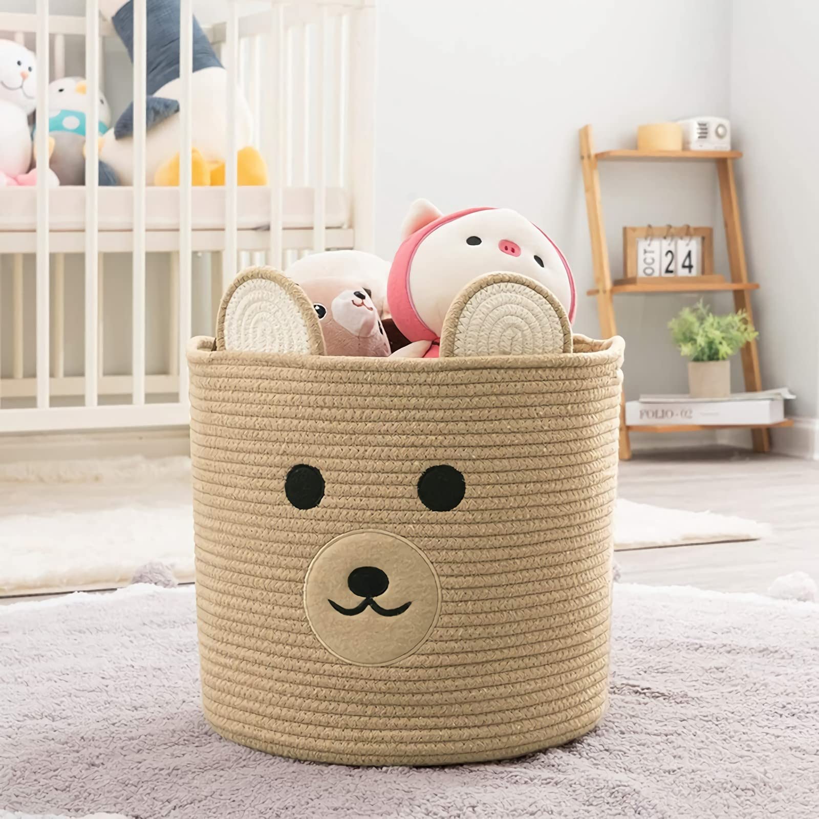 Bear Laundry Basket with Handles - Large Woven Storage Hamper for Clothes, Toys, Blankets & Pillows | Decorative Khaki Organizer for Living Room, Bedroom & Nursery | Perfect for Laundry, Toy Storage & Home Organization