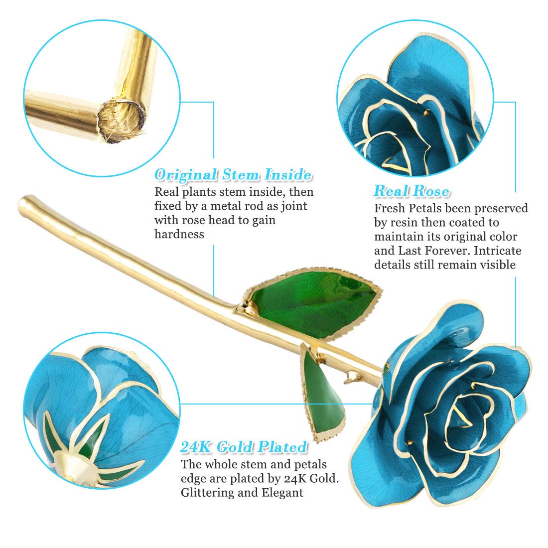 24K Gold Dipped Rose Gift for Mom, Wife, Girlfriend - Romantic Proposal Present for Birthday, Christmas, Valentine's Day & Anniversary - Light Blue Rose with Display Stand - Perfect for Special Occasions, Home Decor & Surprise Proposals
