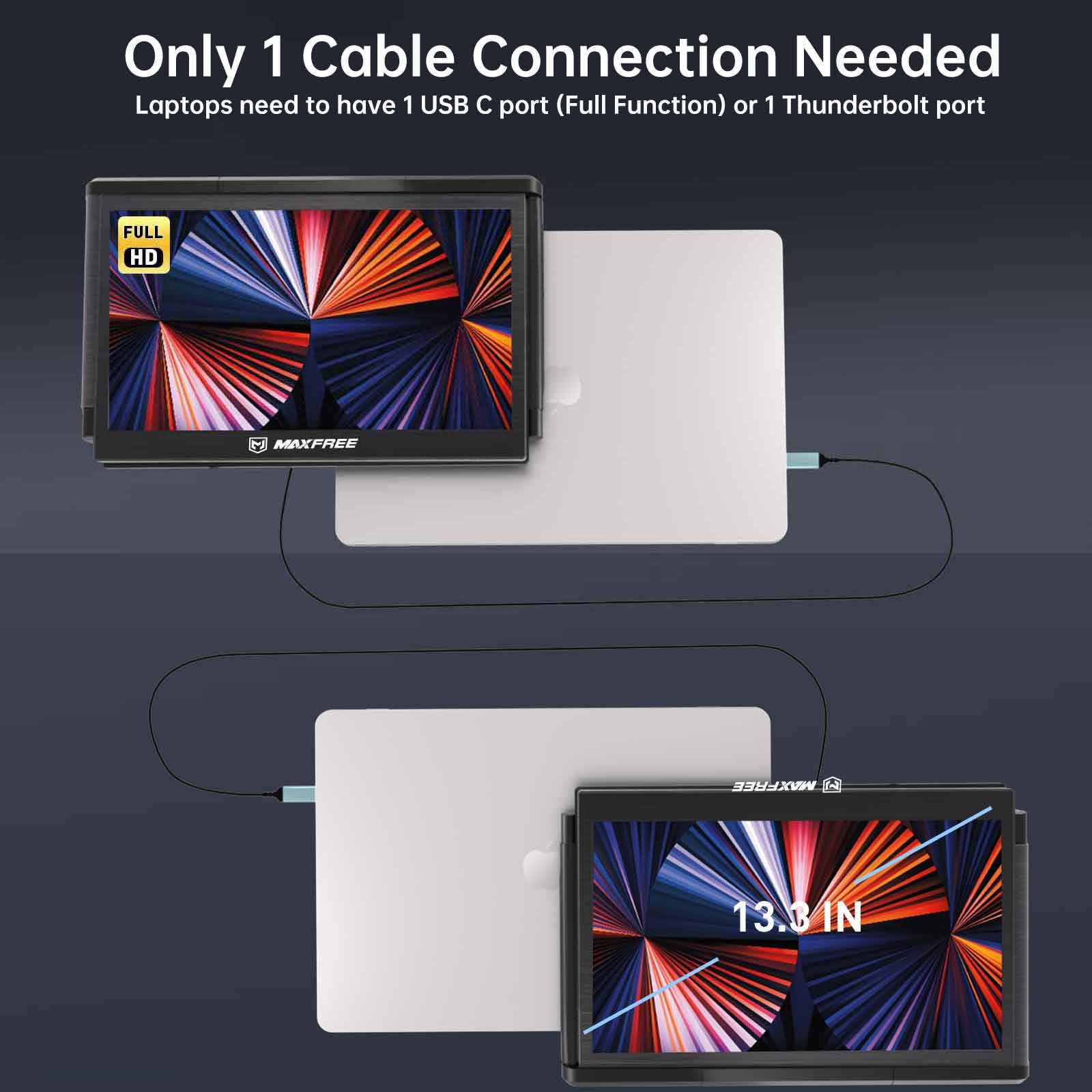 13.3 Inch Portable Laptop Monitor - Full HD 1920x1080 IPS Screen Extender with USB-C Plug & Play, 1000:1 Contrast Ratio - Ideal for Work, Gaming & Travel | T2