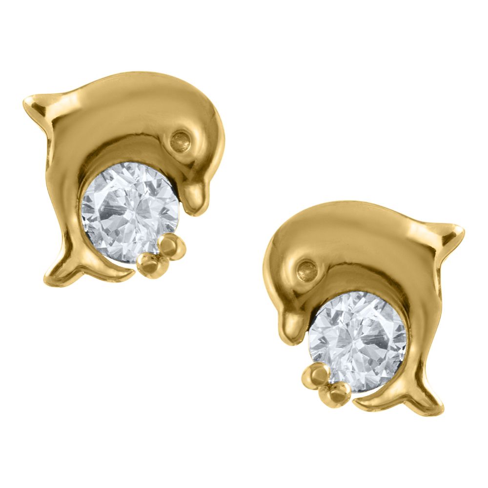 14K Gold Dolphin Stud Earrings for Kids with Cubic Zirconia - Perfect Gift for Girls, Birthday, Christmas & Special Occasions