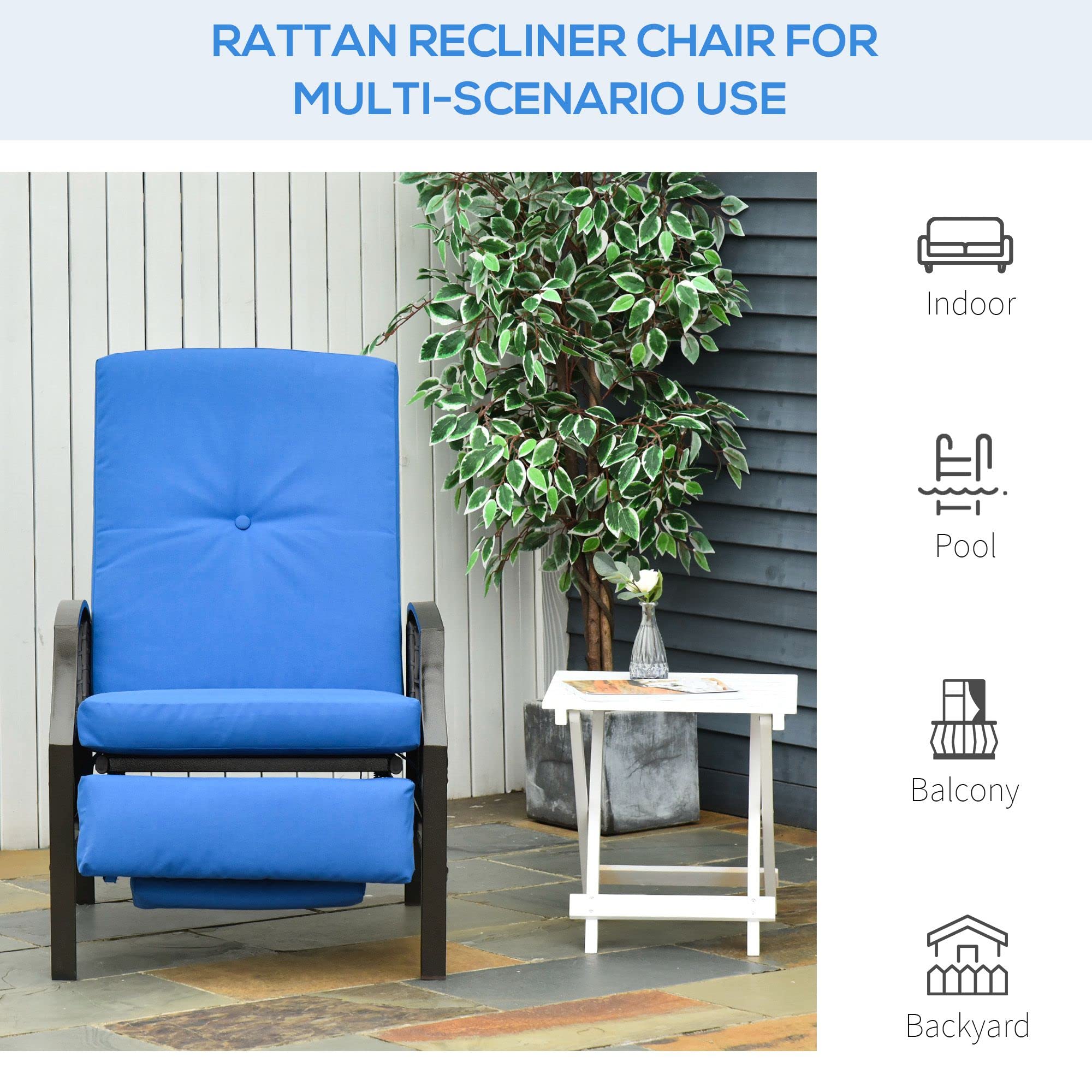 Outsunny Outdoor Recliner Chair - Adjustable Patio Lounge Chair with Comfortable Cushions, Footrest & Armrests - PE Wicker Furniture for Balcony, Porch, Backyard - Perfect for Relaxing, Sunbathing & Outdoor Lounging (Blue)