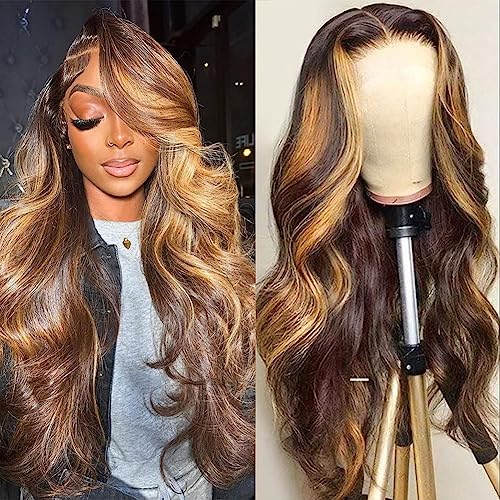 4x27 HD Lace Front Wigs Human Hair - Pre Plucked 13x4 Body Wave Frontal Wig with Baby Hair | 180% Density Ombre Brown & Honey Blonde | 26 Inch Human Hair Wigs for Black Women | Perfect for Daily Wear, Special Occasions & Protective Styling