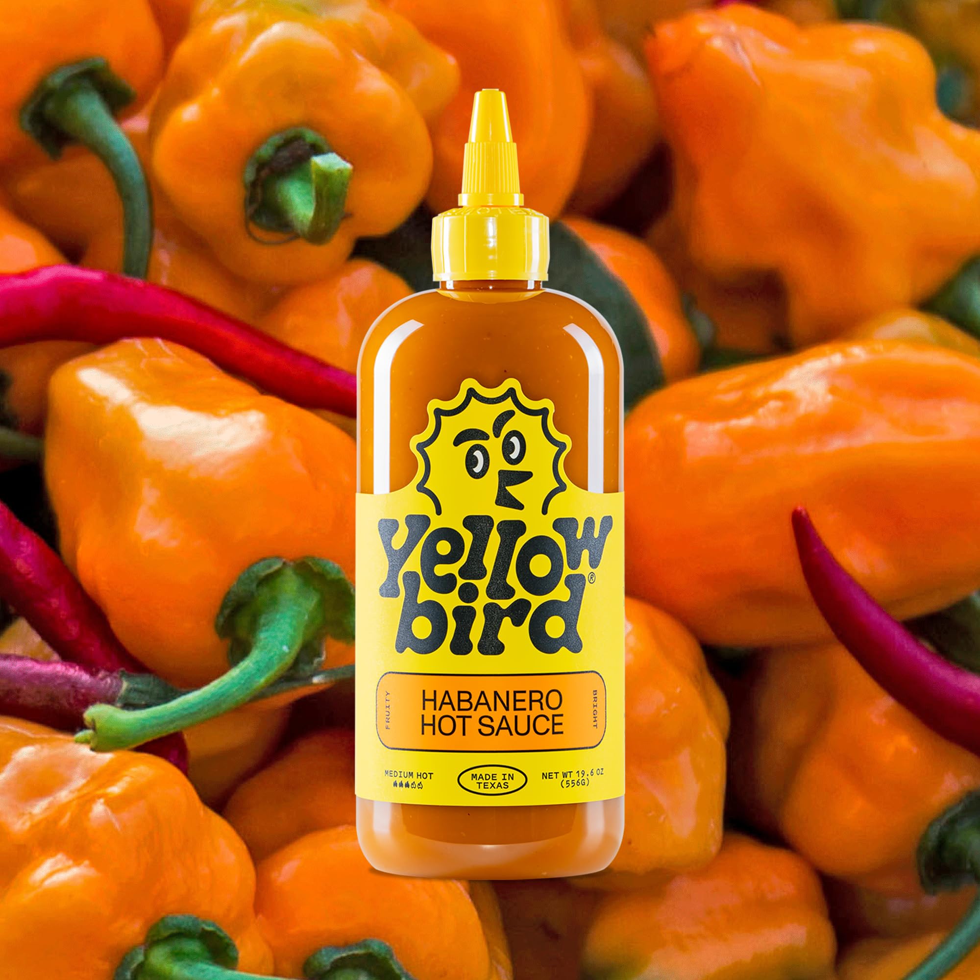 Yellowbird Habanero Hot Sauce - Medium Spicy Vegan Pepper Sauce with Garlic, Carrots & Tangerine - Plant-Based, Gluten-Free, Non-GMO Condiment - 19.6 oz Texas-Made Hot Sauce for Tacos, Wings & Burgers