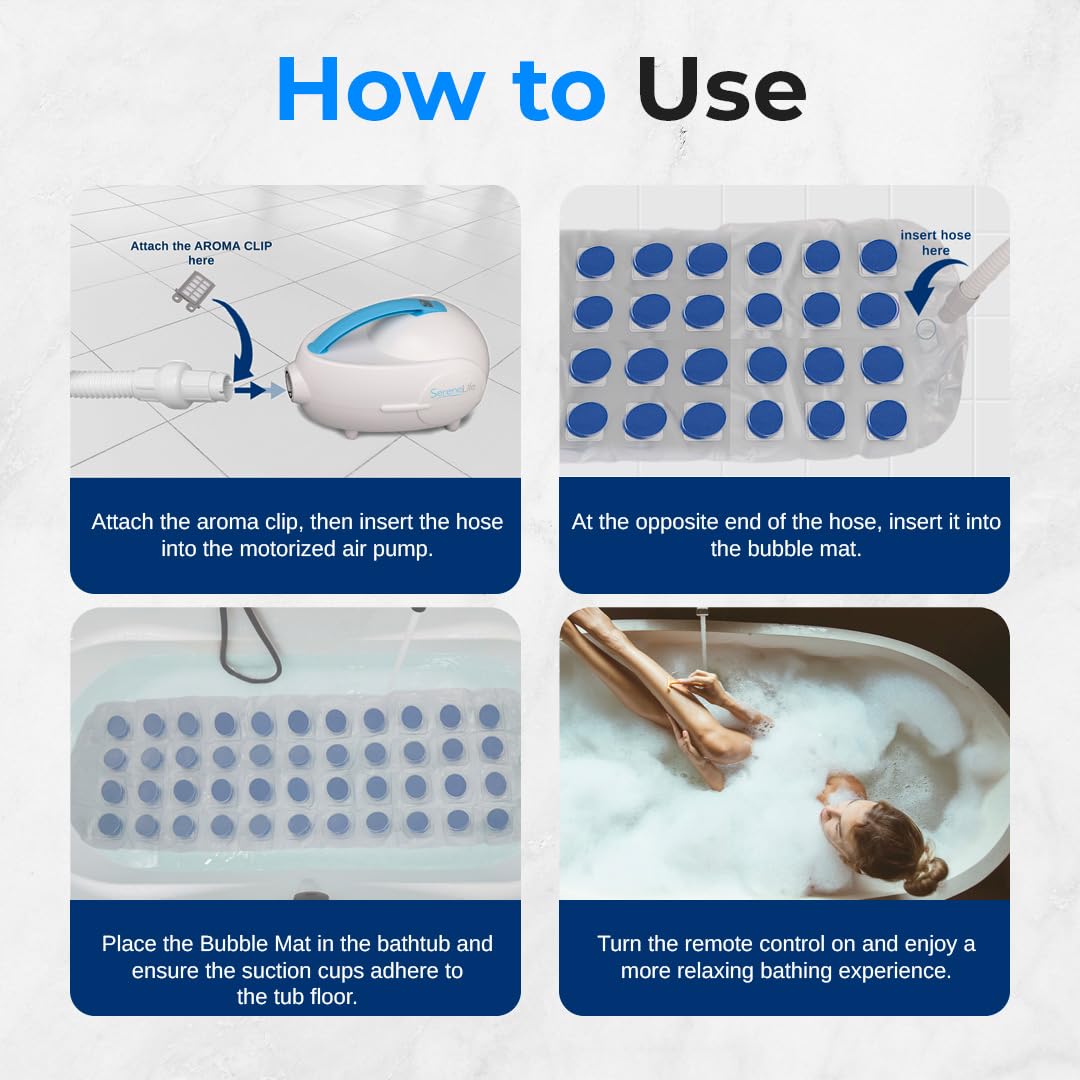 SereneLife Electric Bubble Massage Mat - Waterproof Full Body Massager with Heated Air Bubbles, Motorized Spa System & Essential Oil Aroma Clip - Relaxing Hydrotherapy for Home, Bath Tub, Pool - Blue