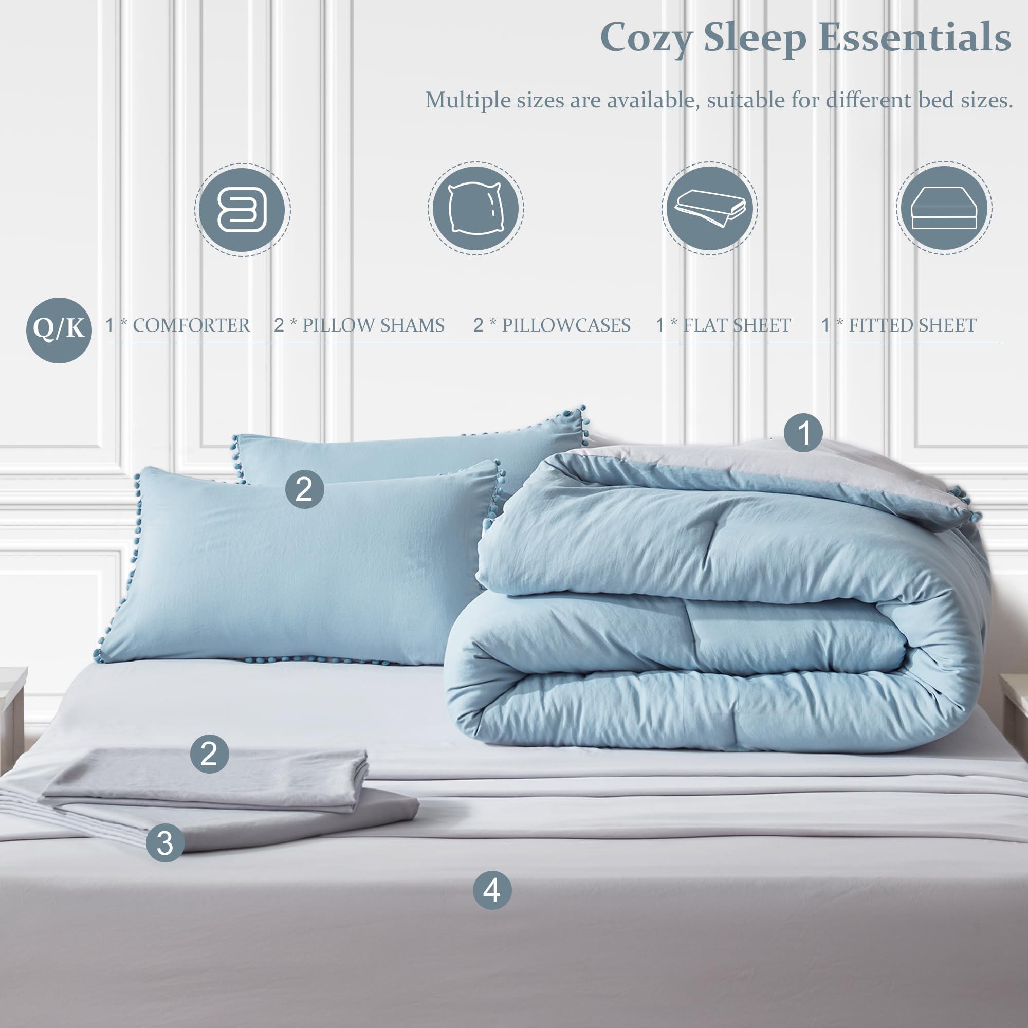GRT 7-Piece Reversible Queen Size Comforter Set with Pom Pom Fringe - Blue Bedding Includes Comforter, Pillow Shams, Sheets & Pillowcases | Perfect for Master Bedroom, Guest Room & Cozy Home Decor