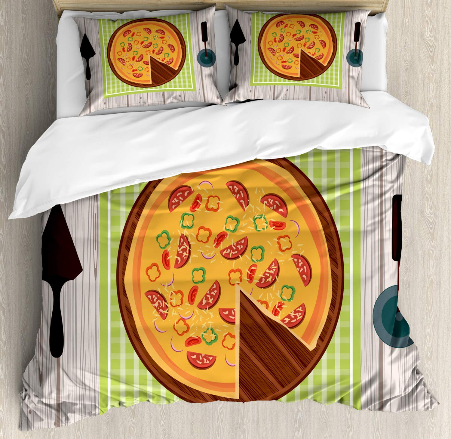 Ambesonne Italy King Size Duvet Cover Set - 3 Piece Cartoon Pizza Design Bedding with 2 Pillow Shams | Pale Eggshell & Multicolor | Perfect for Teen Rooms, Pizza Lovers & Italian-Themed Decor