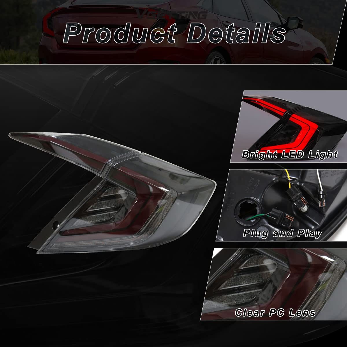 2016-2021 Honda Civic 10th Gen LED Tail Lights Assembly - Clear Lens with Turn Signal, DRL & Brake Light | Rear Lamp Replacement for Sedan Models | Perfect for Night Driving & Car Upgrades