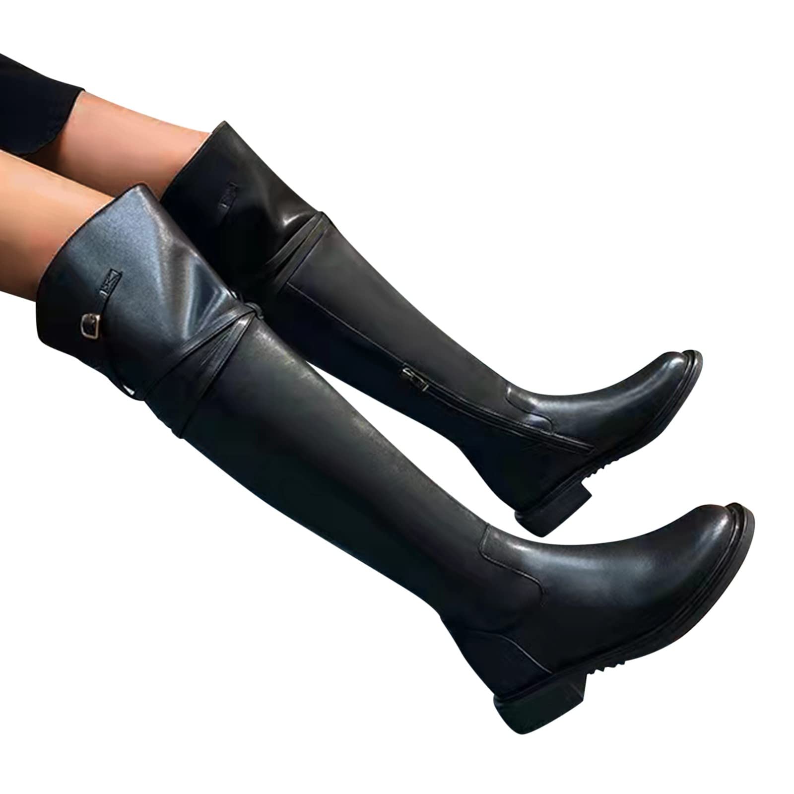 **Women's Knee High Wide Calf Boots - Sexy Black Leather Winter Thigh Boots with Buckle Belt, Low Heel Retro Pull-On Boots for Casual Outfits & Cold Weather**