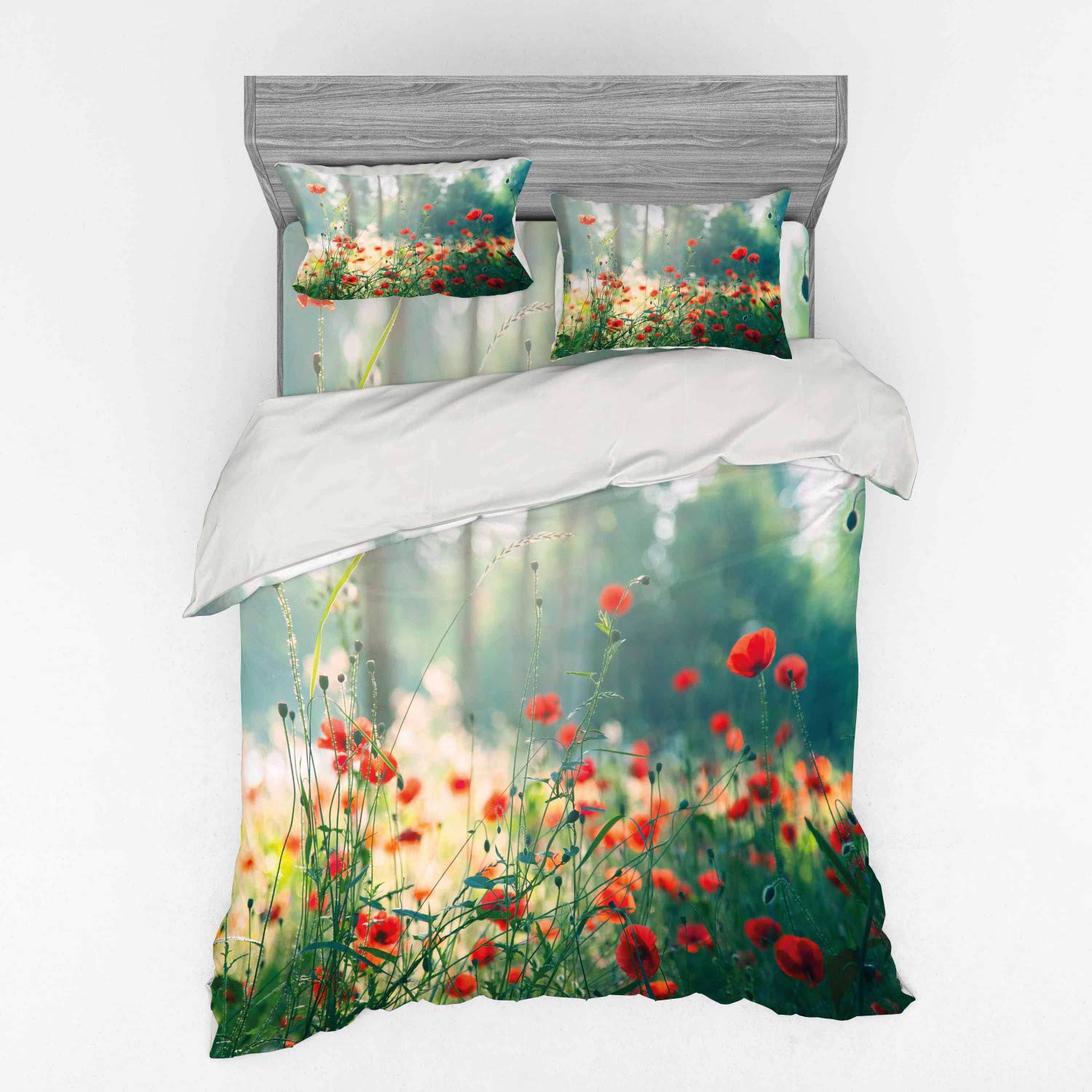 Ambesonne Nature Bedding Set - Queen Size 4-Piece Duvet Cover with Shams & Fitted Sheet, Wild Red Poppy Flowers Field Design in Red Green Yellow | Perfect for Summer Gardening Theme & Boho Chic Bedroom Decor