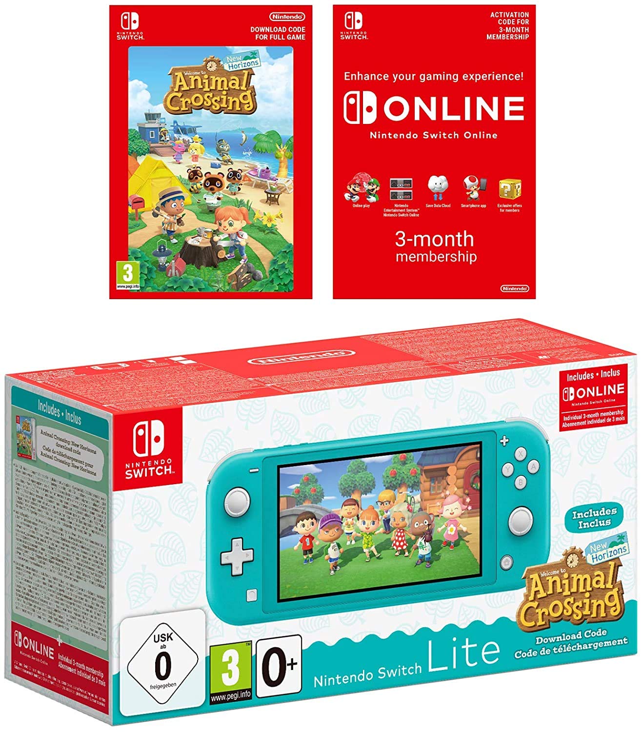 Nintendo Switch Lite - Turquoise Console with Animal Crossing: New Horizons Game & 3-Month Nintendo Switch Online Membership - Portable Gaming for Travel, Commute, and Home Entertainment