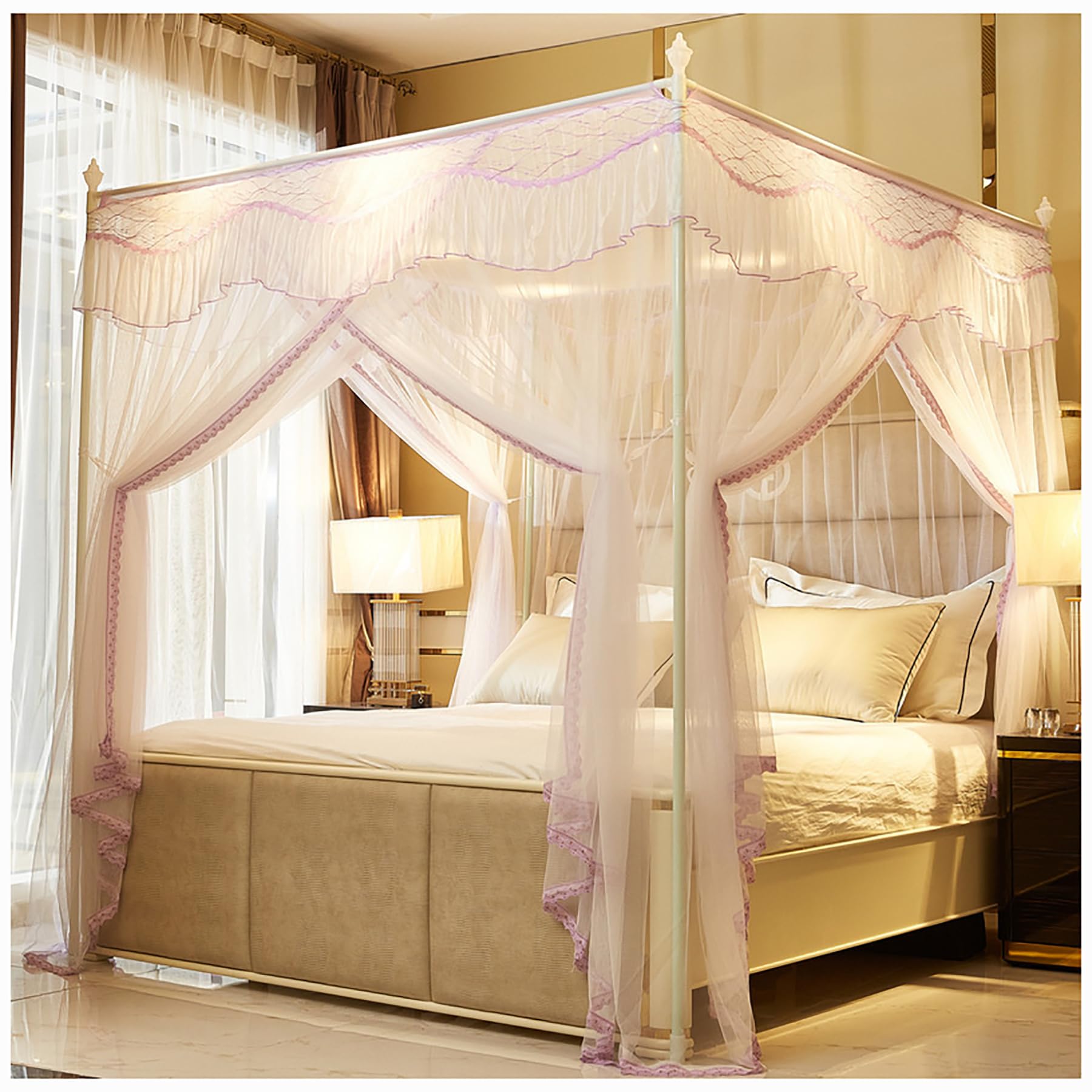 Elegant Pink Painted Iron Bed Canopy with Curtains for Full Size Beds - 4 Corner Canopy Netting for Adult Bedrooms, Romantic Bedroom Decor & Mosquito Protection - Perfect for Master Bedrooms, Guest Rooms & Bohemian Style Decor