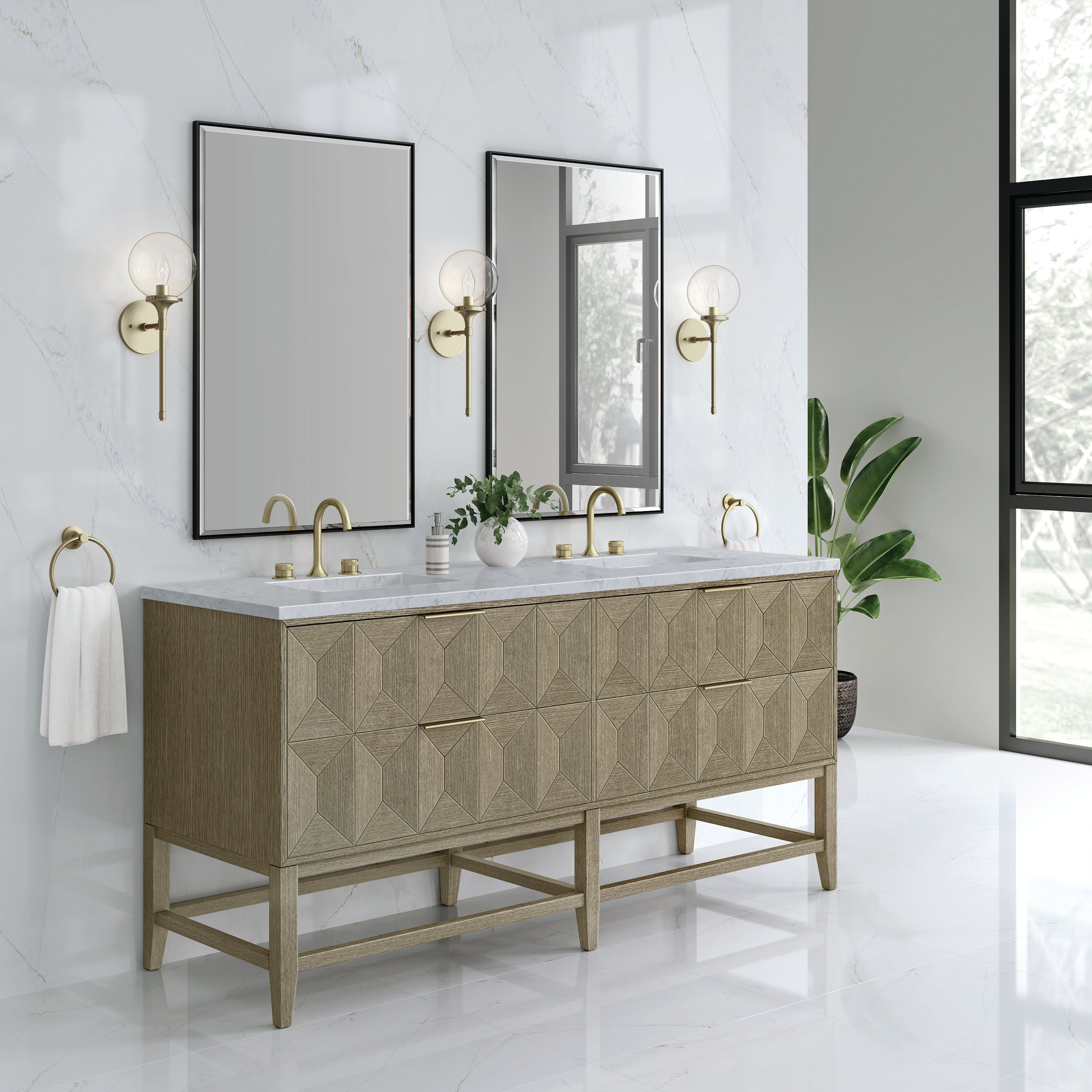 Emmeline 72 Inch Double Bathroom Vanity with Pebble Oak Finish & 3CM Carrara Marble Top - Perfect for Master Bathroom, Guest Bath, or Home Renovation Projects
