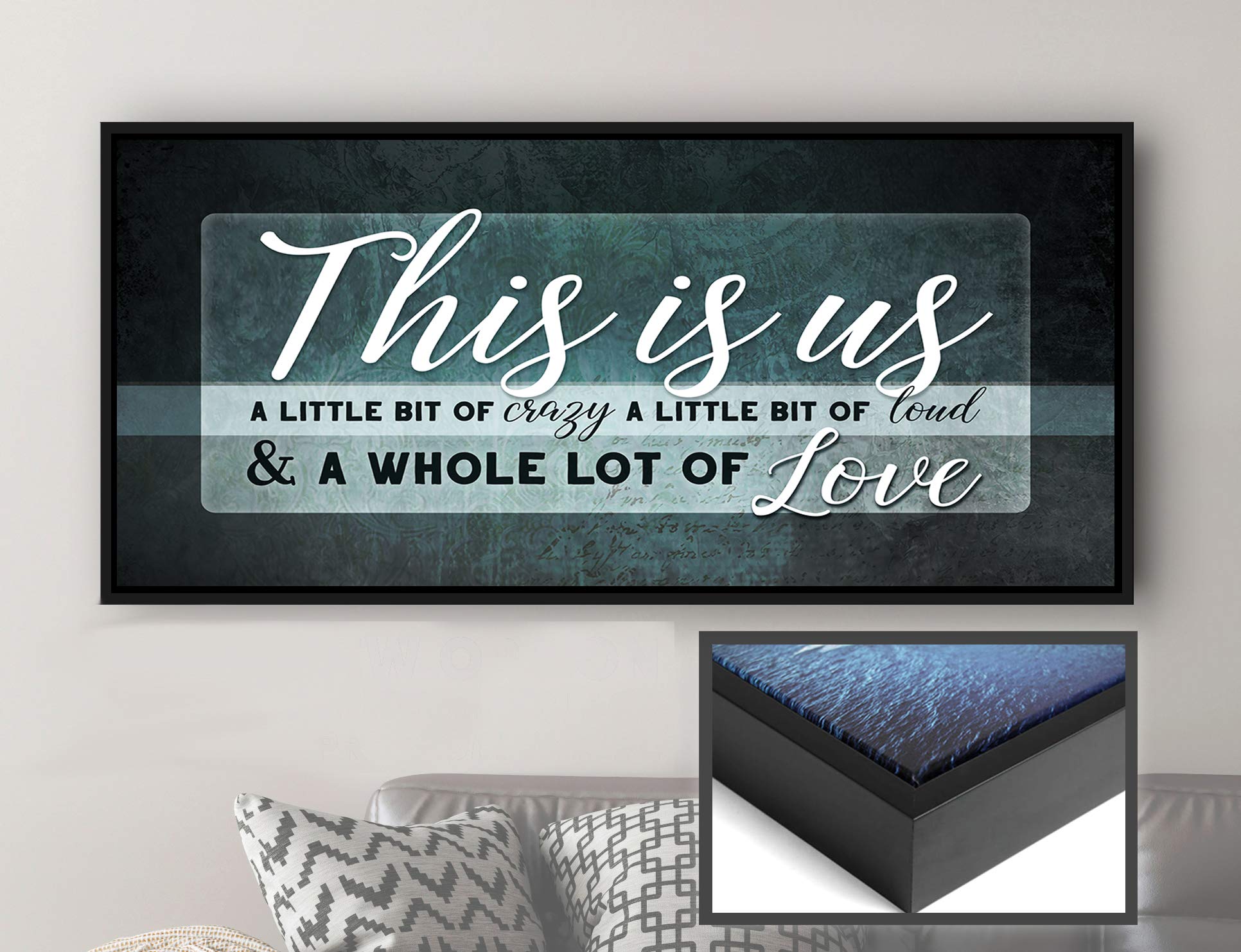This Is Us Wall Art - Large Framed Canvas Print for Farmhouse & Living Room Decor - Housewarming Gift for New Home - Green & Black Floating Frame 42x19 - Perfect for Family Photos & Cozy Home Decor