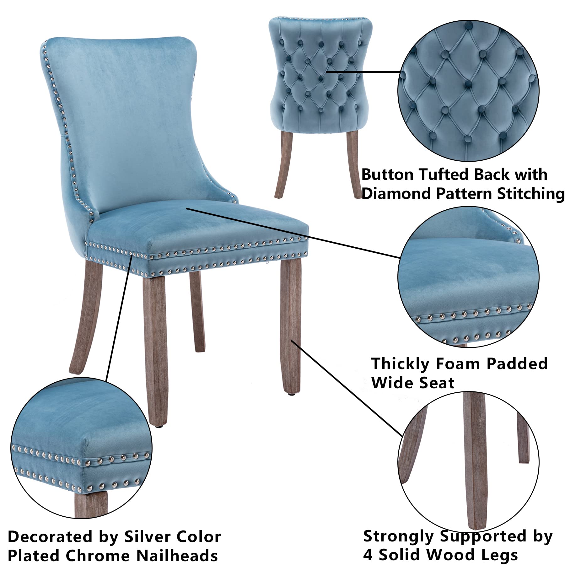 Luxury Velvet Upholstered Dining Chairs Set of 2 - Wingback Accent Chairs with Solid Wood Legs, Nailhead Trim & Button Tufted Back - Elegant Kitchen & Dining Room Decor for Home, Restaurant, Wedding (Light Blue)