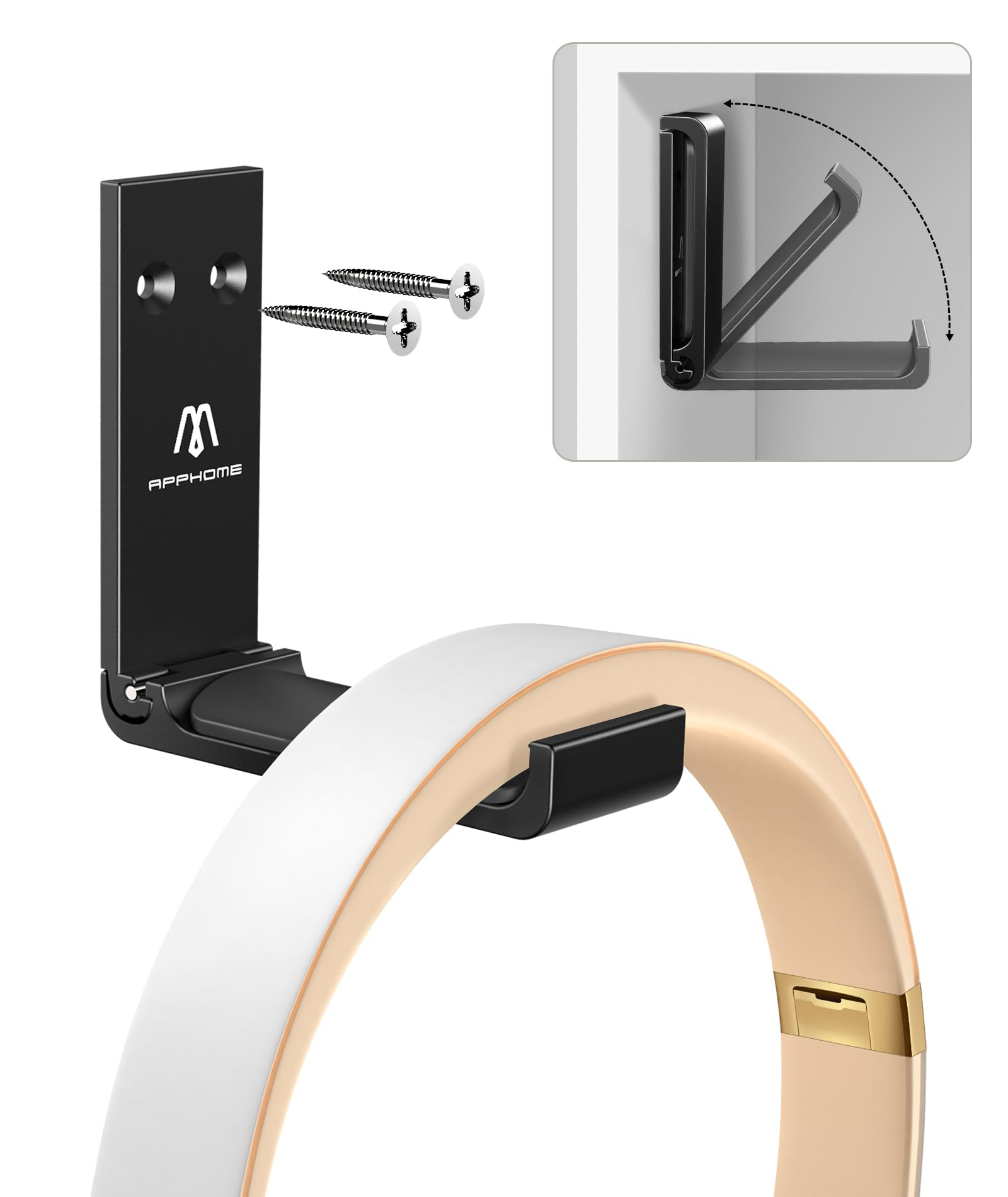 Foldable Aluminum Headphone Stand Hanger - Space Saving Wall Mount Hook for Gaming Headsets with Strong Adhesive (Black) - Perfect for Home Office, Gaming Setup & Workspace Organization