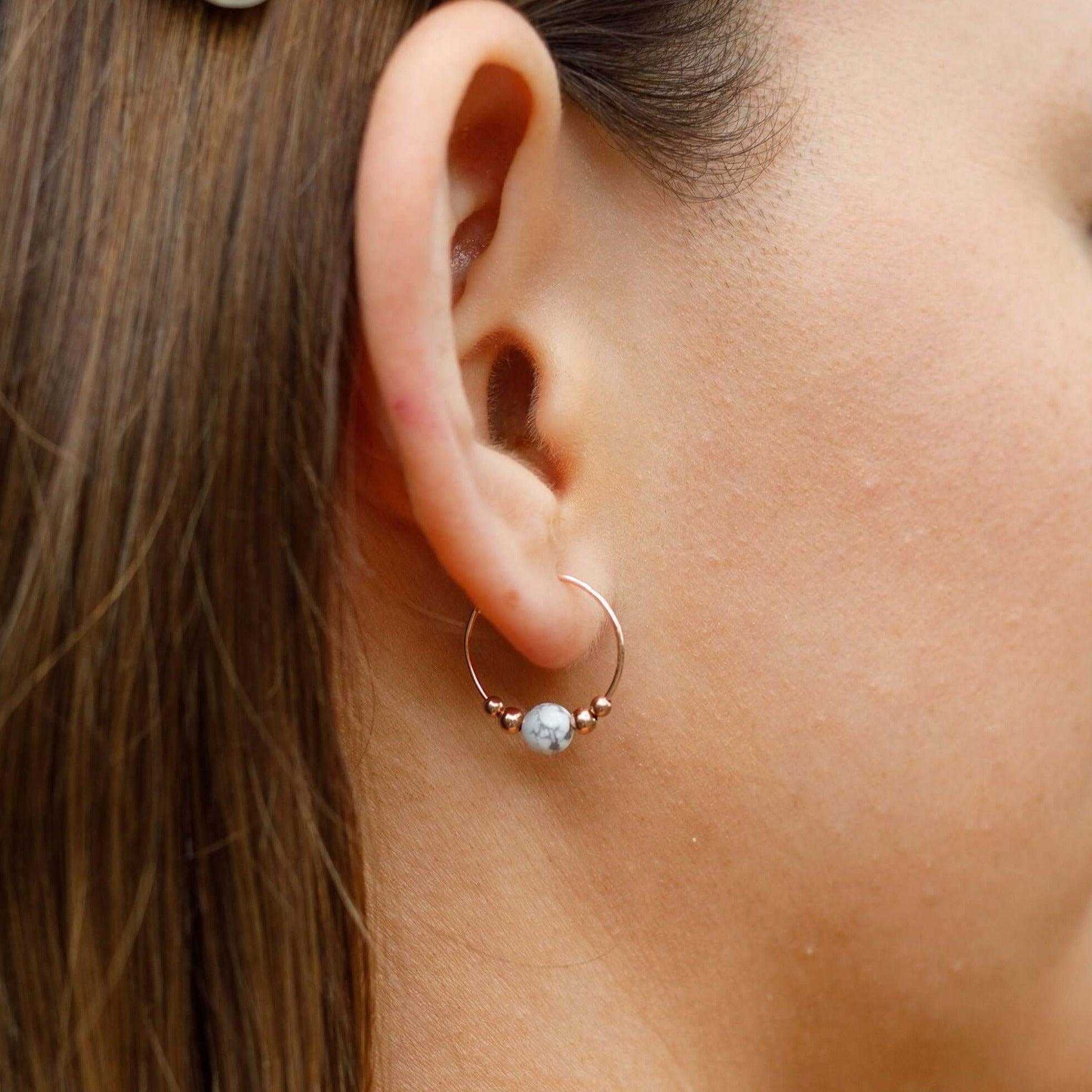 Stylish Tiny White Howlite Bead Hoop Earrings for Women - Minimalist Dainty Jewelry for Everyday Wear & Boho Fashion