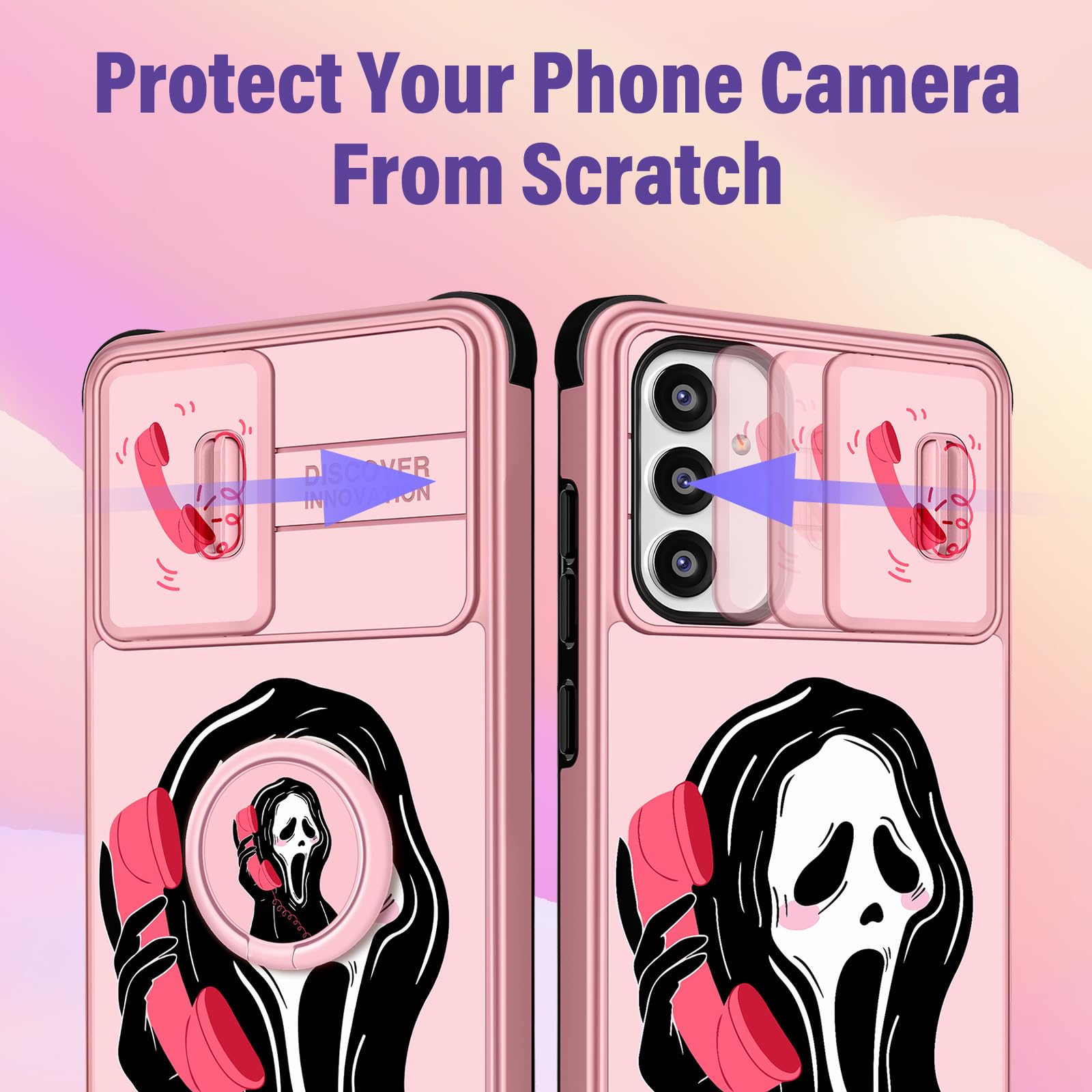 Samsung Galaxy A54 5G Case with Camera Cover & Ring Holder - Cute Girly Cartoon Shockproof Hard Phone Case for Women (6.4