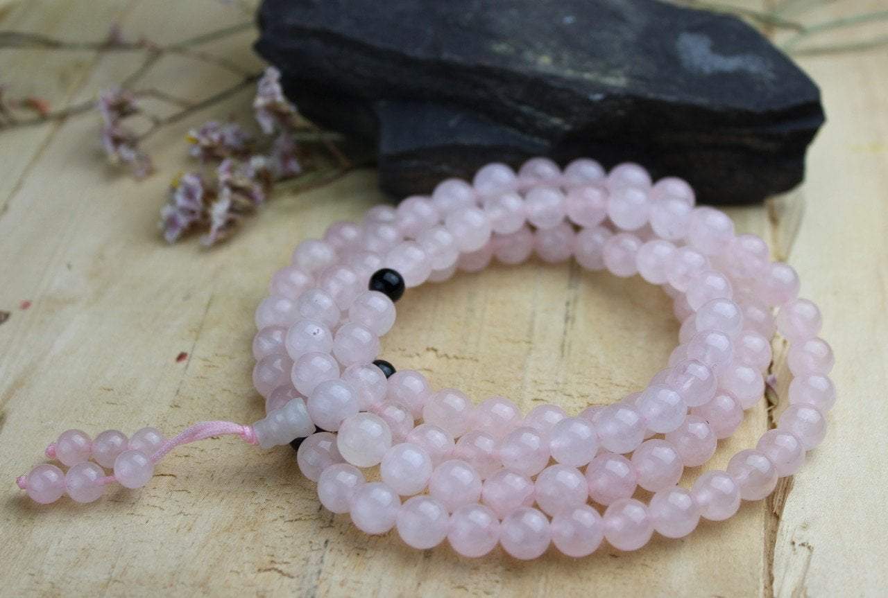 108 Bead Rose Quartz Mala Prayer Necklace with Onyx Spacers - Meditation, Yoga & Spiritual Healing Jewelry for Women