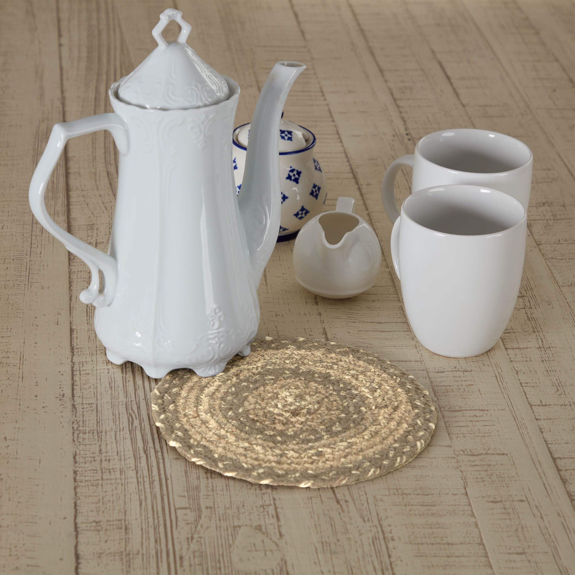 VHC Brands Cobblestone Trivet Hot Pad - 8 Inch Round Heat Resistant Pot Pan Holder in Tan, Grey & White Jute Blend - Perfect for Kitchen Countertops, Dining Tables & Outdoor BBQ Use