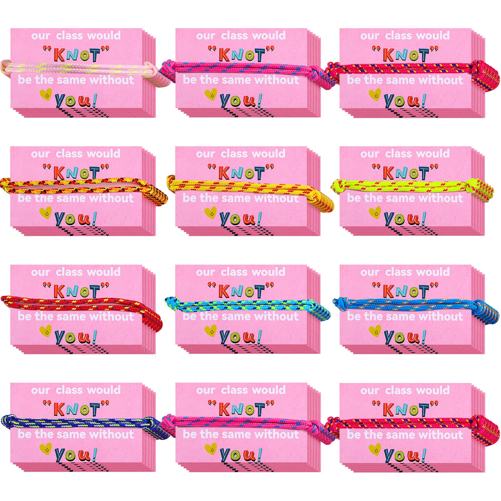 Junkin 60 Sets Valentine's Day Friendship Bracelets with Thank You Cards - Our Class Will Knot Be The Same Without You - Classroom Valentine Exchange Gifts for Kids, Party Favors (Square Cards) - Perfect for School Valentine's Day Parties, Classroom Activities, and Kids' Friendship Gifts