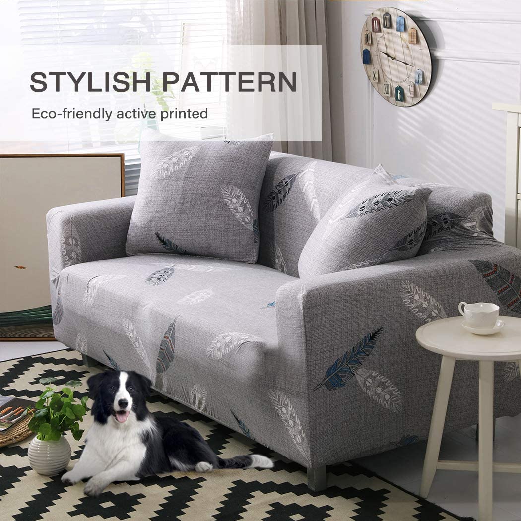 Lamberia Stretch Sofa Slipcover - Printed Couch Cover for Couches & Loveseats with 2 Free Pillow Cases (Feather Design, Loveseat Size) - Perfect for Home Decor, Living Room Makeover & Pet Protection