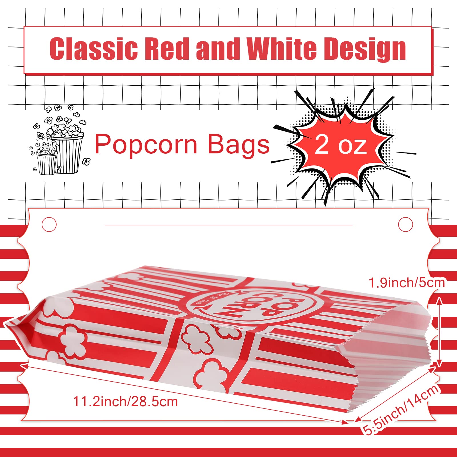 300 Pcs 2oz Disposable Popcorn Bags - Bulk Greaseproof & Tear-Resistant Treat Holders for Movie Nights, Carnivals, Birthday Parties - Perfect for Home Theater, Concessions Business & Event Supplies