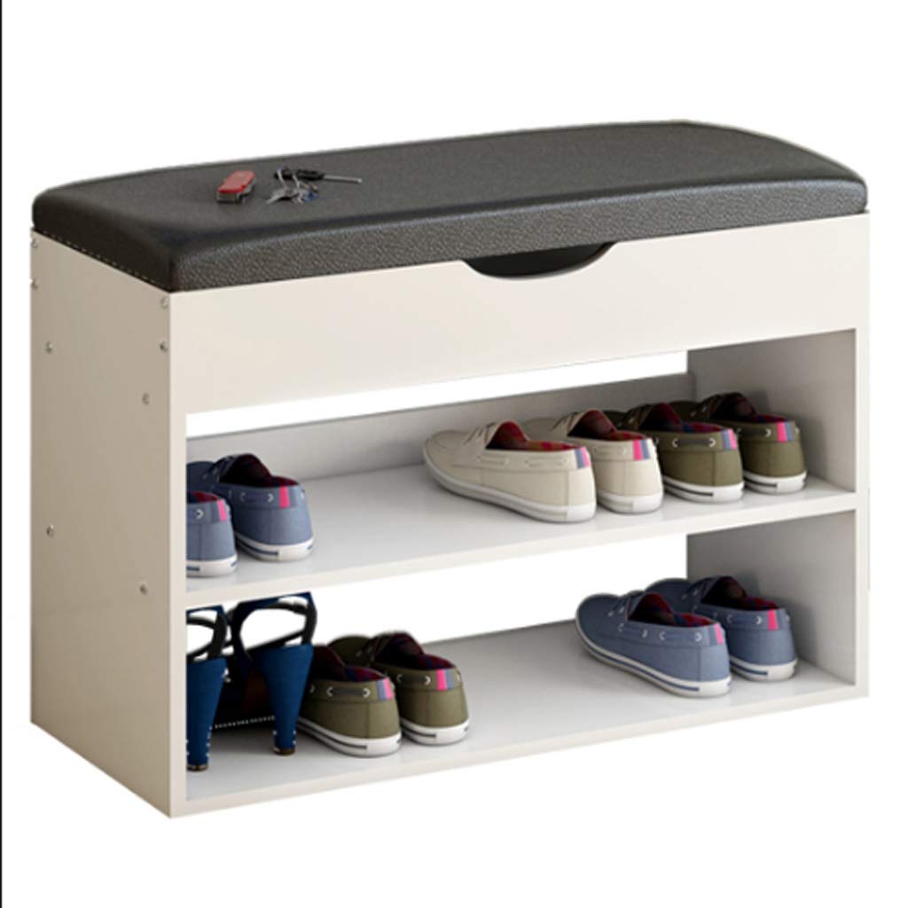 White Faux Leather Shoe Bench with Storage - Long Entryway Shoe Rack Organizer for Home, Simple Shoe Shelf (Size L) - Perfect for Small Spaces, Hallway & Closet Organization