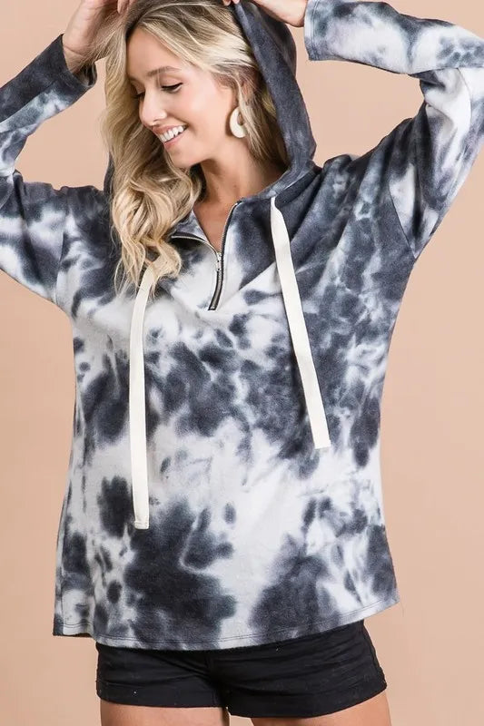 BiBi Tie Dye Brushed Terry Zip Up Hoodie for Women - Soft Fleece Pullover with Front Pockets for Casual Wear, Gym & Lounge