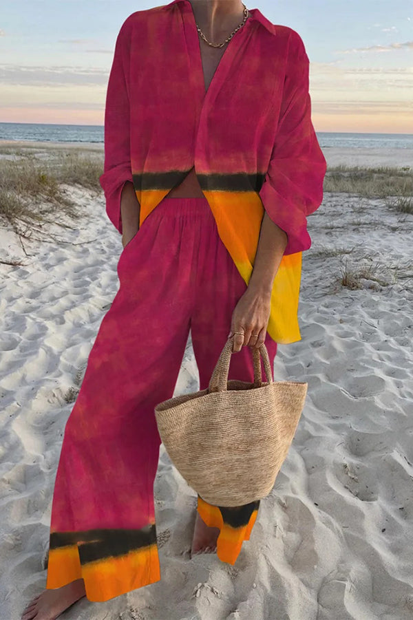 Stylish Sunset Ombre Print Oversized Shirt & Elastic Waist Pocket Pants Set - Trendy Women's Loungewear for Casual Outings, Beach Cover-Up, and Relaxing at Home