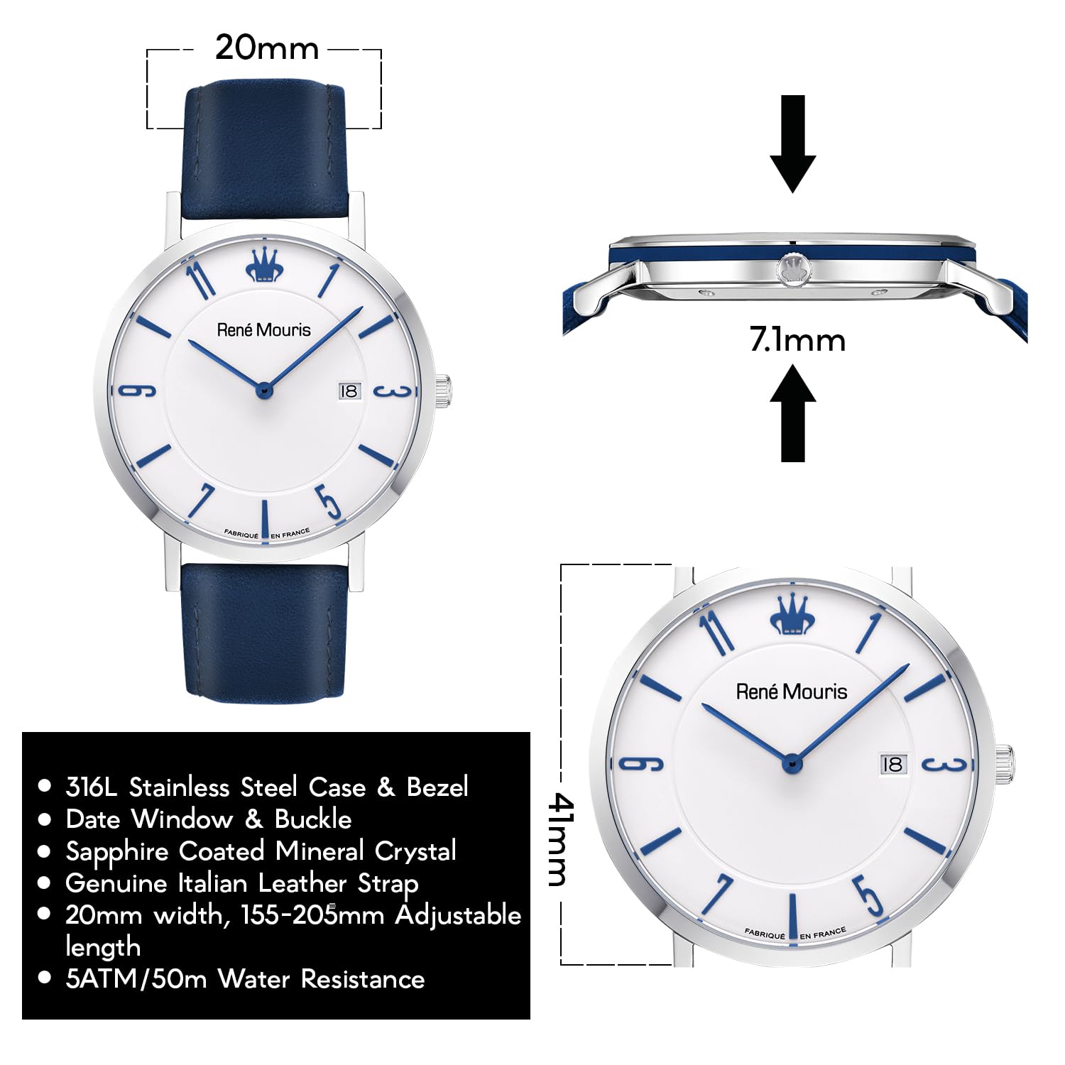 René Mouris L'Emporter Men's Quartz Watch - 41mm 316L Stainless Steel Classic Dress Watch with Sapphire Coated Crystal & Italian Leather Strap - 50M Waterproof - Perfect for Business, Formal Events & Everyday Wear