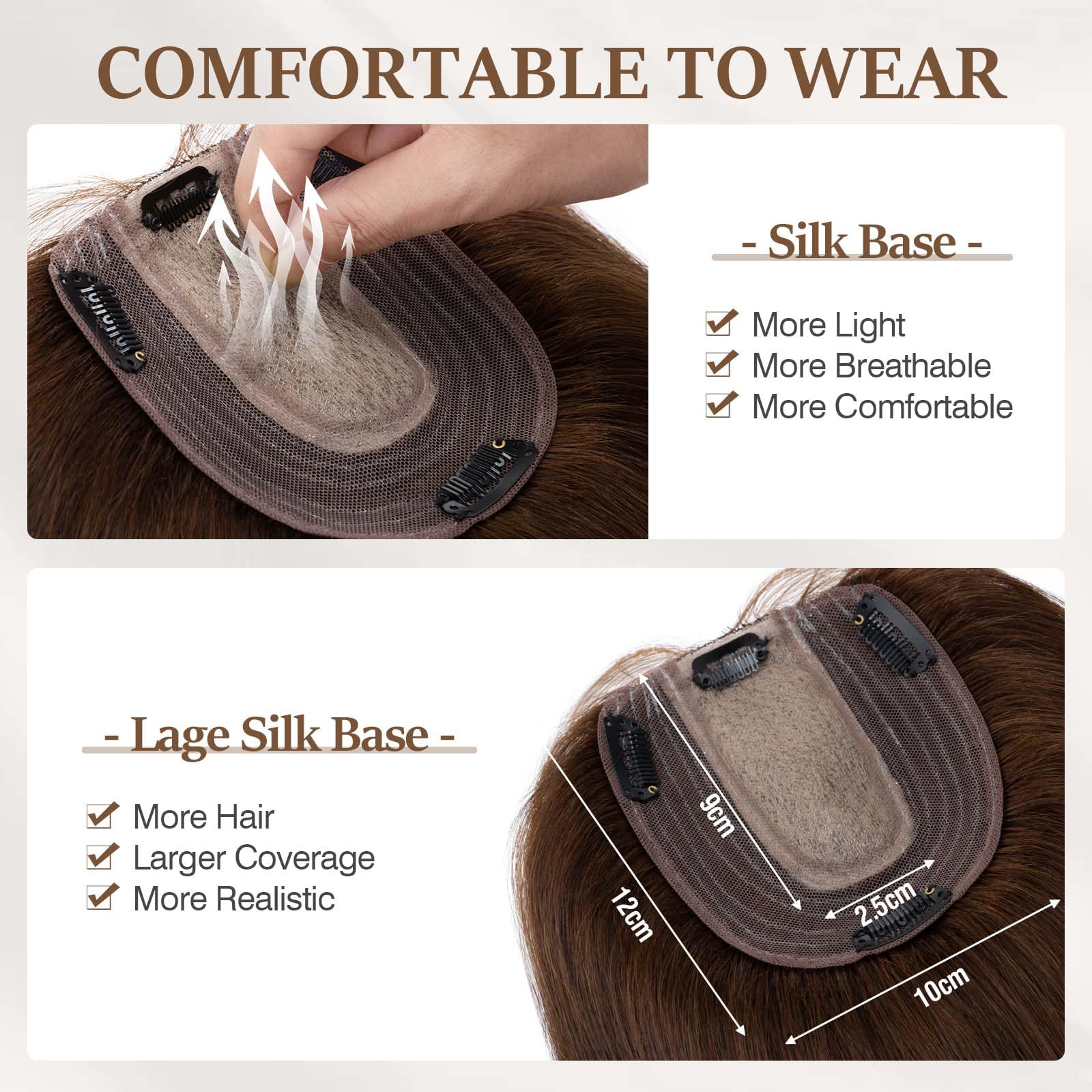 100% Human Hair Toppers for Women - Clip-in Remy Hair Topper with Silk Base for Thinning Hair - 16 Inch Medium Brown (#4) - Natural Looking Hair Replacement for Daily Wear & Special Occasions