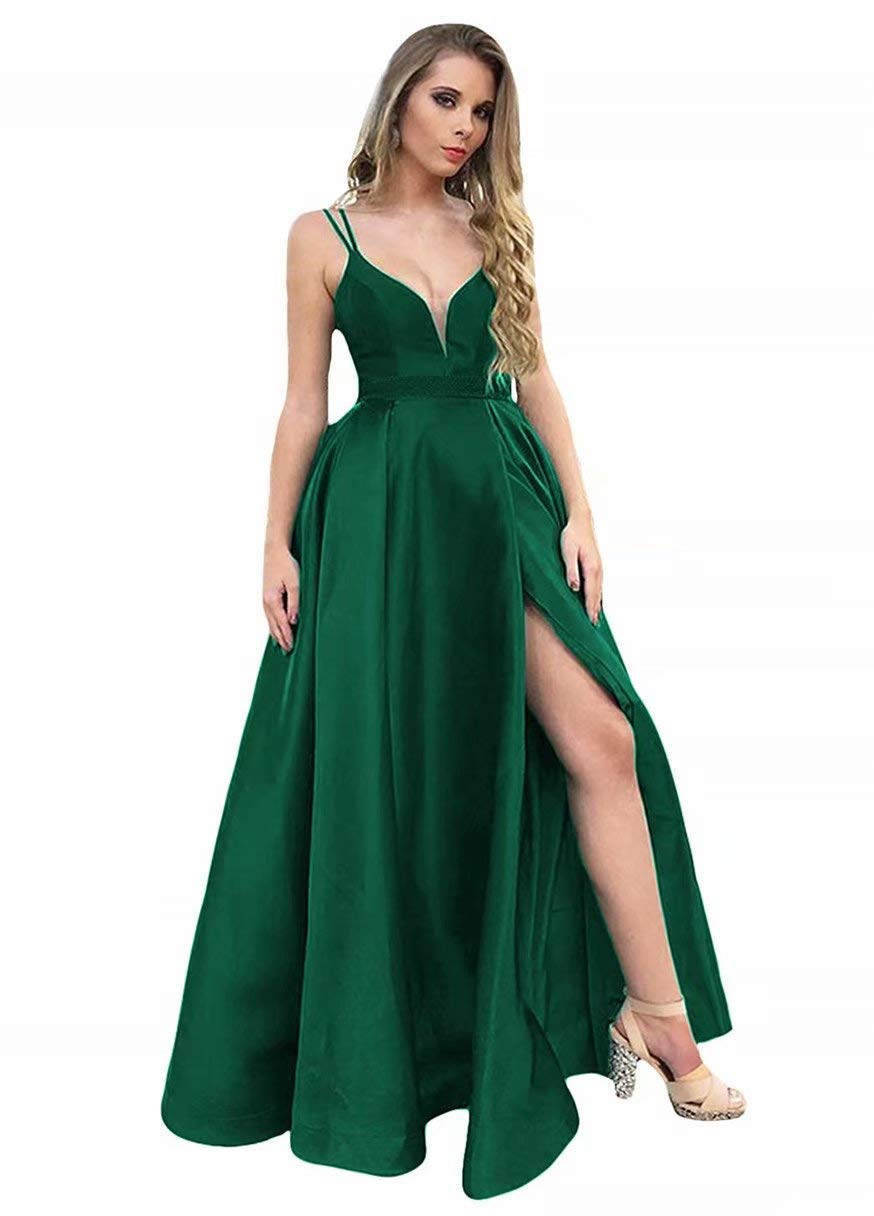Elegant Spaghetti Strap Prom Party Dresses for Women & Juniors - Beaded Satin Split Formal Evening Gowns | Perfect for Homecoming, Wedding Guest & Cocktail Events