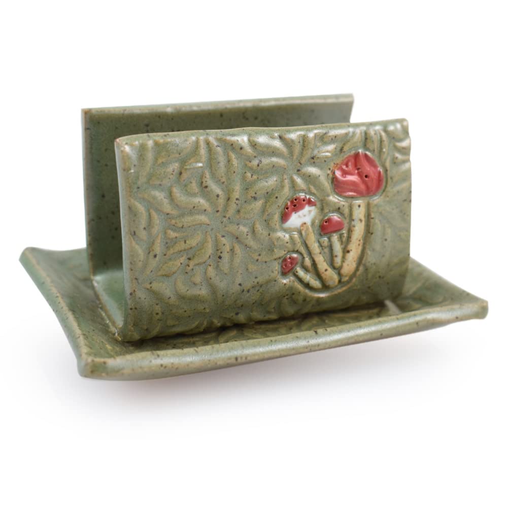Retro Earthy Green Mushroom Sponge Holder - Handmade Pottery for Kitchen & Bathroom Decor