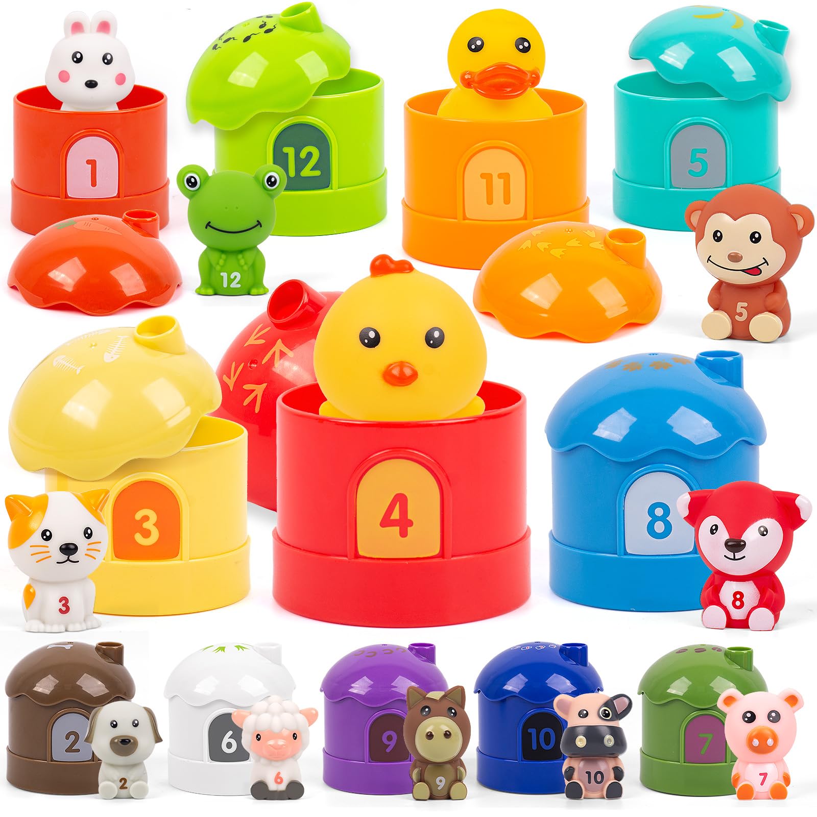 INHDBOX 24Pcs Farm Animal Toys for Toddlers 1-3 Years - Montessori Learning Toys, Finger Puppets & Nesting Dolls for Baby Girls & Boys - Perfect for Sensory Play, Early Education & Critter Clinic Imaginative Play