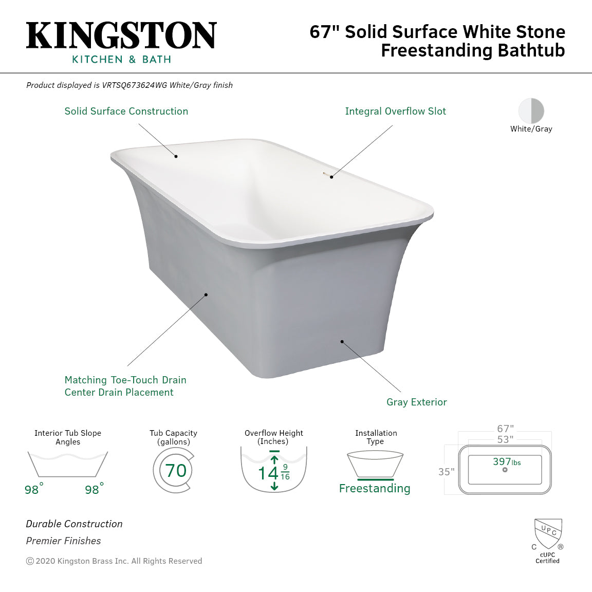 Arcticstone 67 Inch Freestanding Bathtub - Matte White/Gray Double Ended Rectangular Soaking Tub with Drain | Solid Surface Modern Design for Spa-Like Relaxation in Master Bathroom