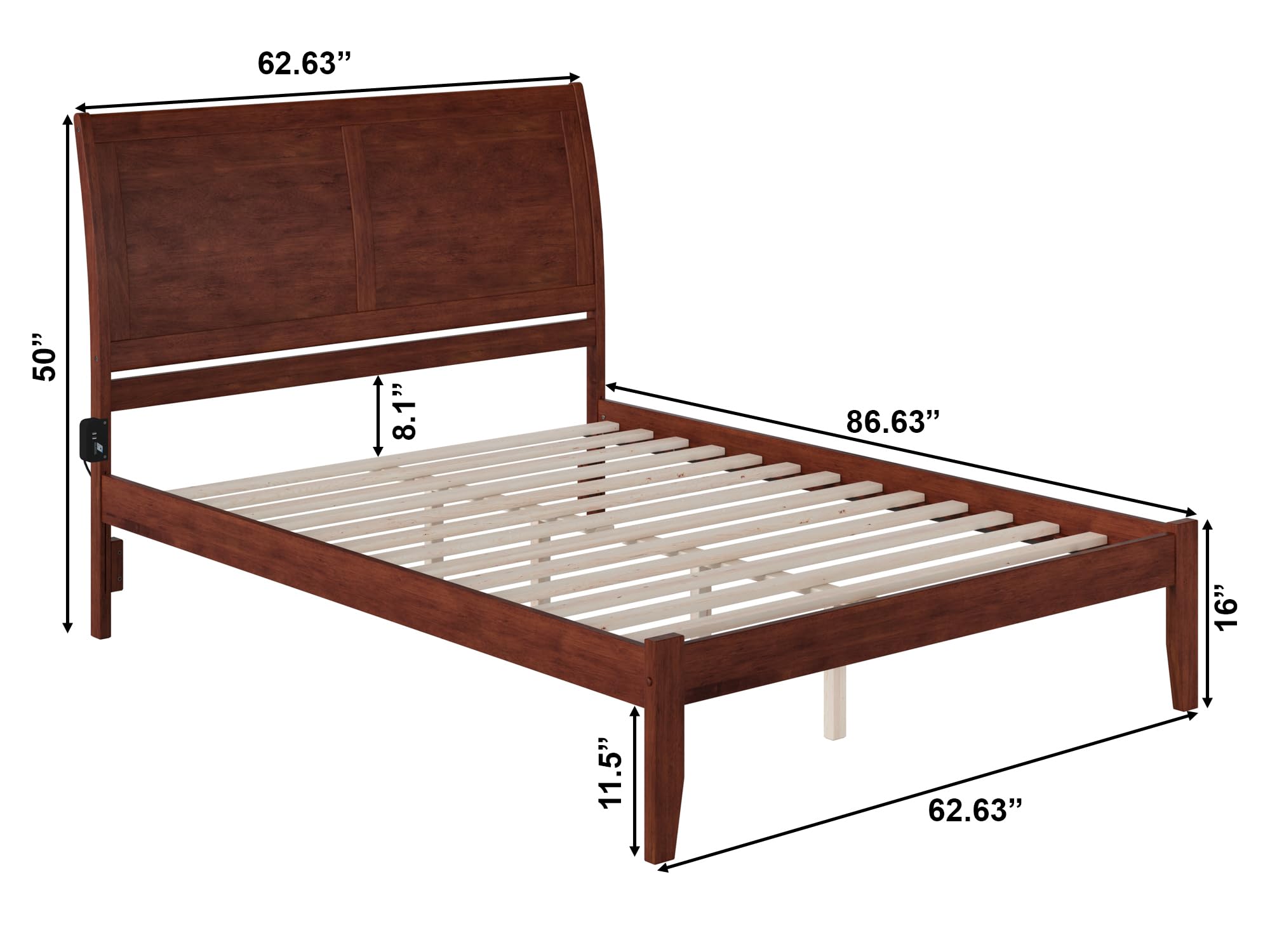 AFI Portland Queen Platform Bed with USB Charger - Walnut Wood Modern Bed Frame for Bedroom, Guest Room, or Studio Apartment