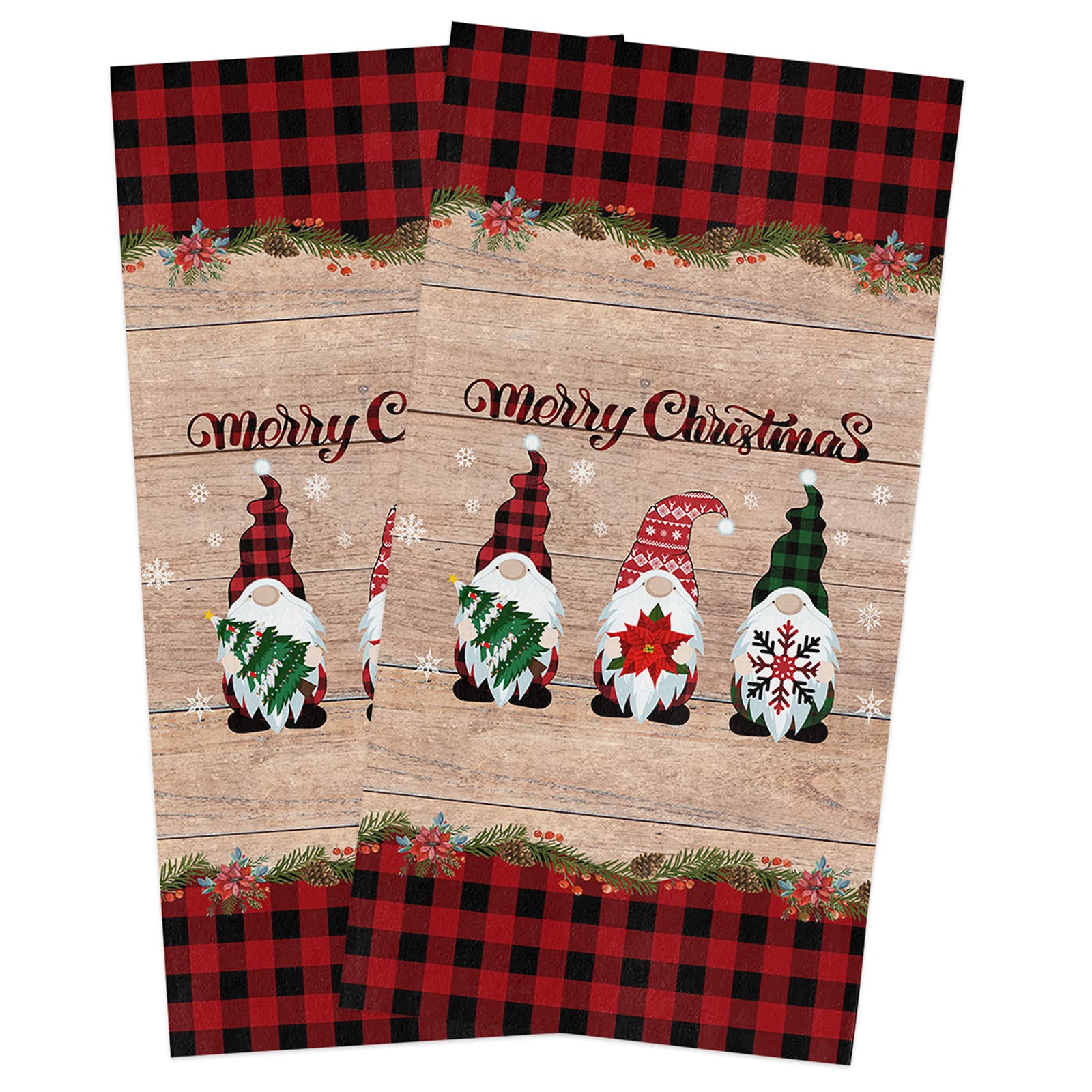 Christmas Kitchen Towels Set of 2 - Merry Christmas Buffalo Plaid Farmhouse Dish Cloths with Gnomes, Snowflakes & Pine Tree Designs - 16x28 Inch Super Soft Absorbent Cotton Tea Towels, Bar Towels & Hand Towels - Perfect for Holiday Decor, Dish Drying & Kitchen Cleaning