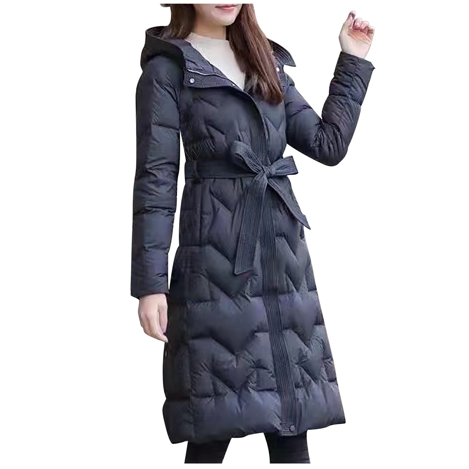 Women's Slimming Belted Winter Coat - Knee-Length Down Jacket with Waist Definition, Korean Style Mid-Length Outerwear for Cold Weather | Perfect for Office, Dating & Winter Travel