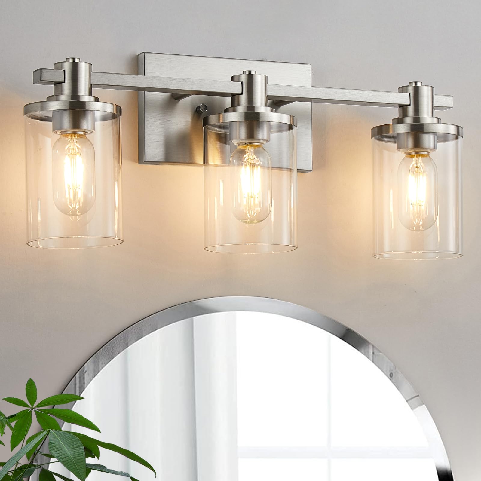 DADUL 3-Light Brushed Nickel Bathroom Vanity Light Fixture - Modern Wall Sconce with Clear Glass Shade for Mirror Lighting - Perfect for Bathroom, Powder Room, and Dressing Area Makeup Vanity