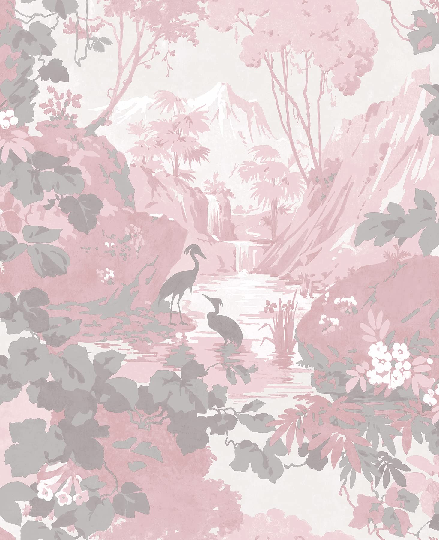 Eden Pink Crane Lagoon Wallpaper - Floral Nature-Themed Peel and Stick Wallpaper for Bedroom, Living Room, Nursery Decor | Self-Adhesive Removable Wall Mural
