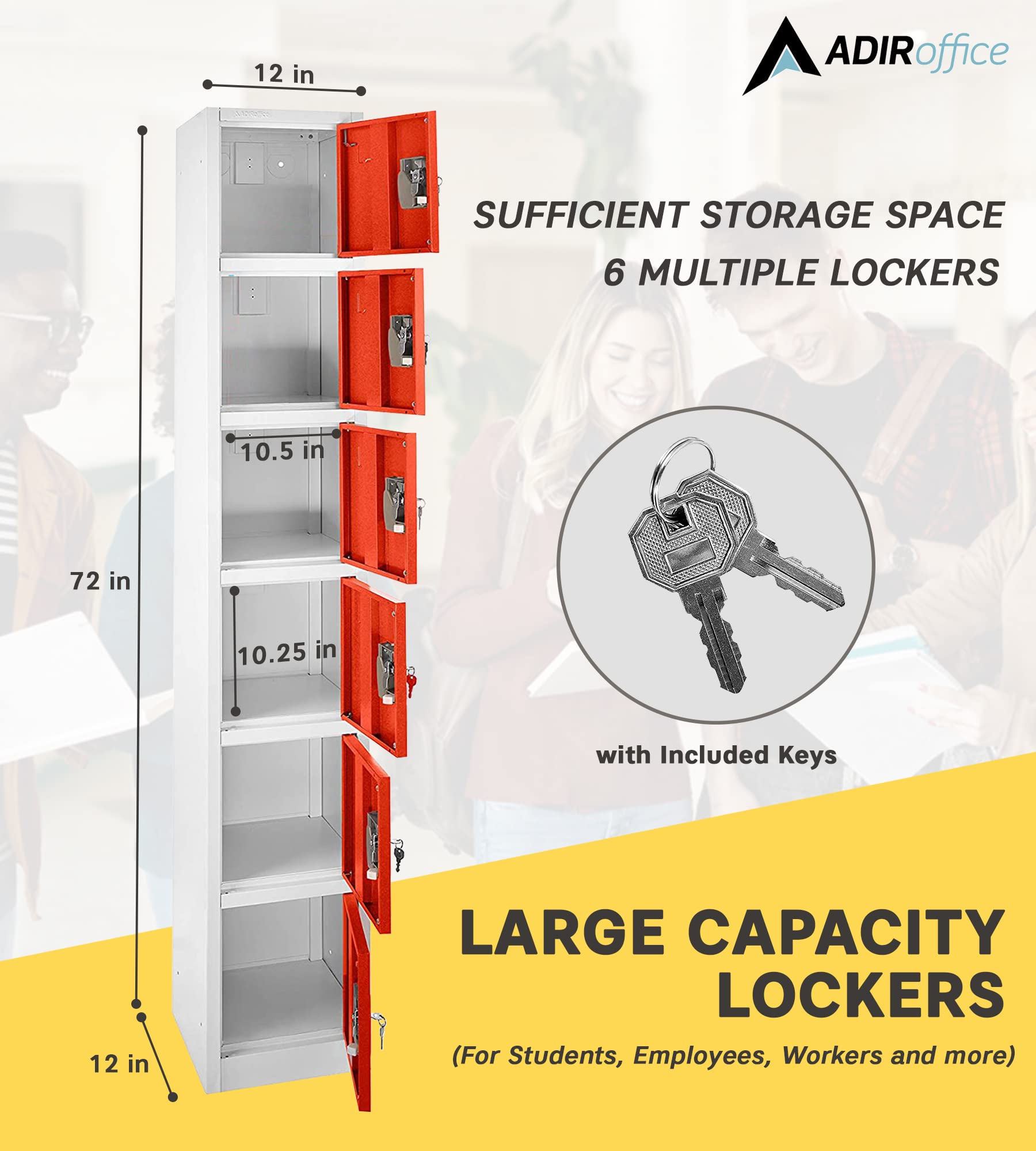 AdirOffice Large 6-Door School Locker with Hooks - Heavy Duty Metal Storage Cabinet for Garage, Office & Classroom Organization (Red) - Perfect for School Supplies, Sports Equipment & Tool Storage