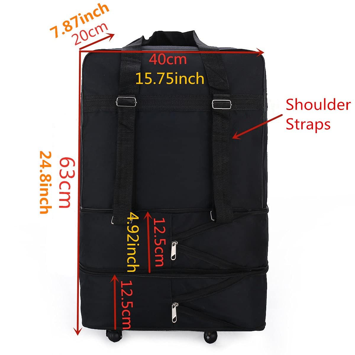 Expandable Waterproof Lightweight Travel Duffel Bag with Wheels - Small Foldable Oxford Suitcase for Airplane, Gym & Weekend Trips (Black)