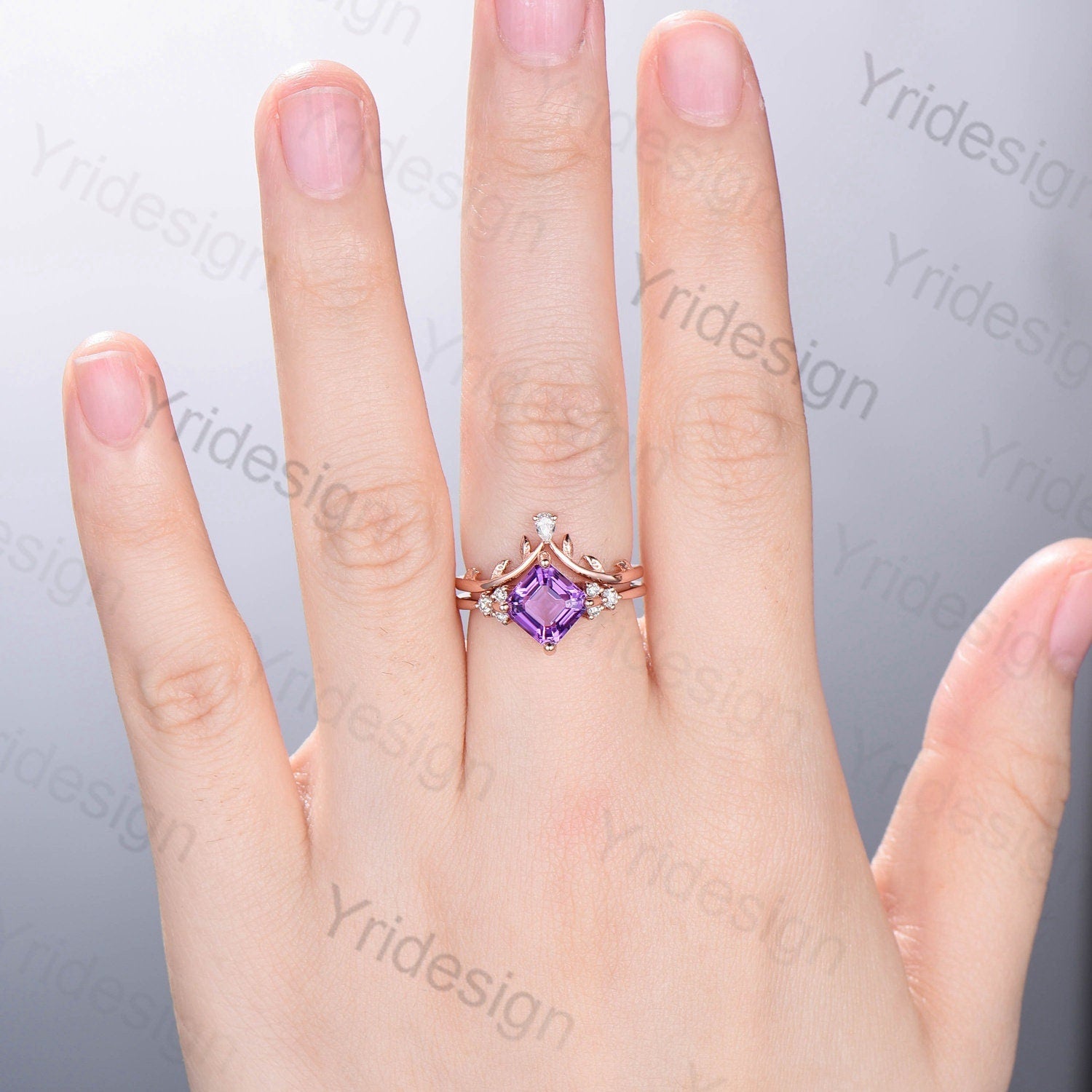 7mm Asscher Cut Amethyst Wedding Ring Set with Moissanite Accents - Nature Inspired Leaf Branch Bridal Jewelry for Women - Perfect for Engagement, Wedding & Anniversary Gifts