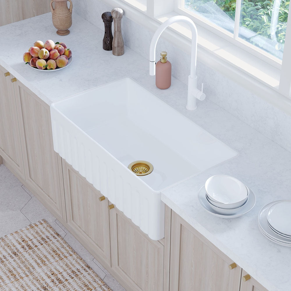 Fienza 68706 Olivia Large Single Butler Sink 33x18x10 Inches, White - Farmhouse Kitchen Sink for Modern & Traditional Homes