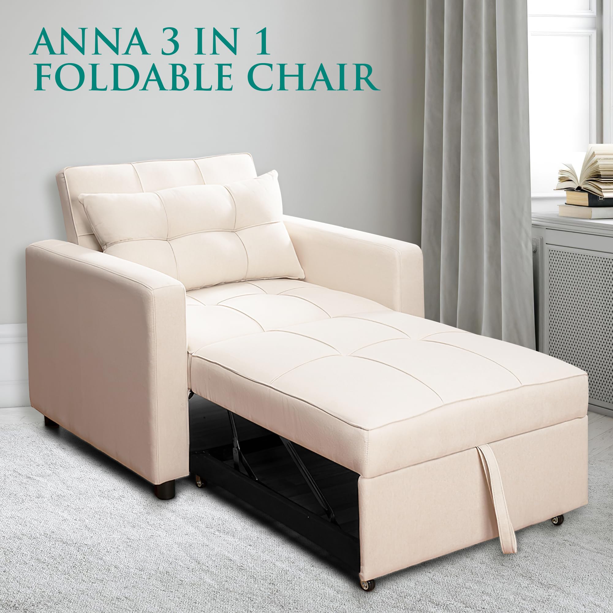 3-in-1 Convertible Sofa Chair Bed for Adults - Foldable Adjustable Backrest Linen Futon - Modern Pull Out Sleeper Sofa for Living Room, Guest Room & Small Spaces (Cream)