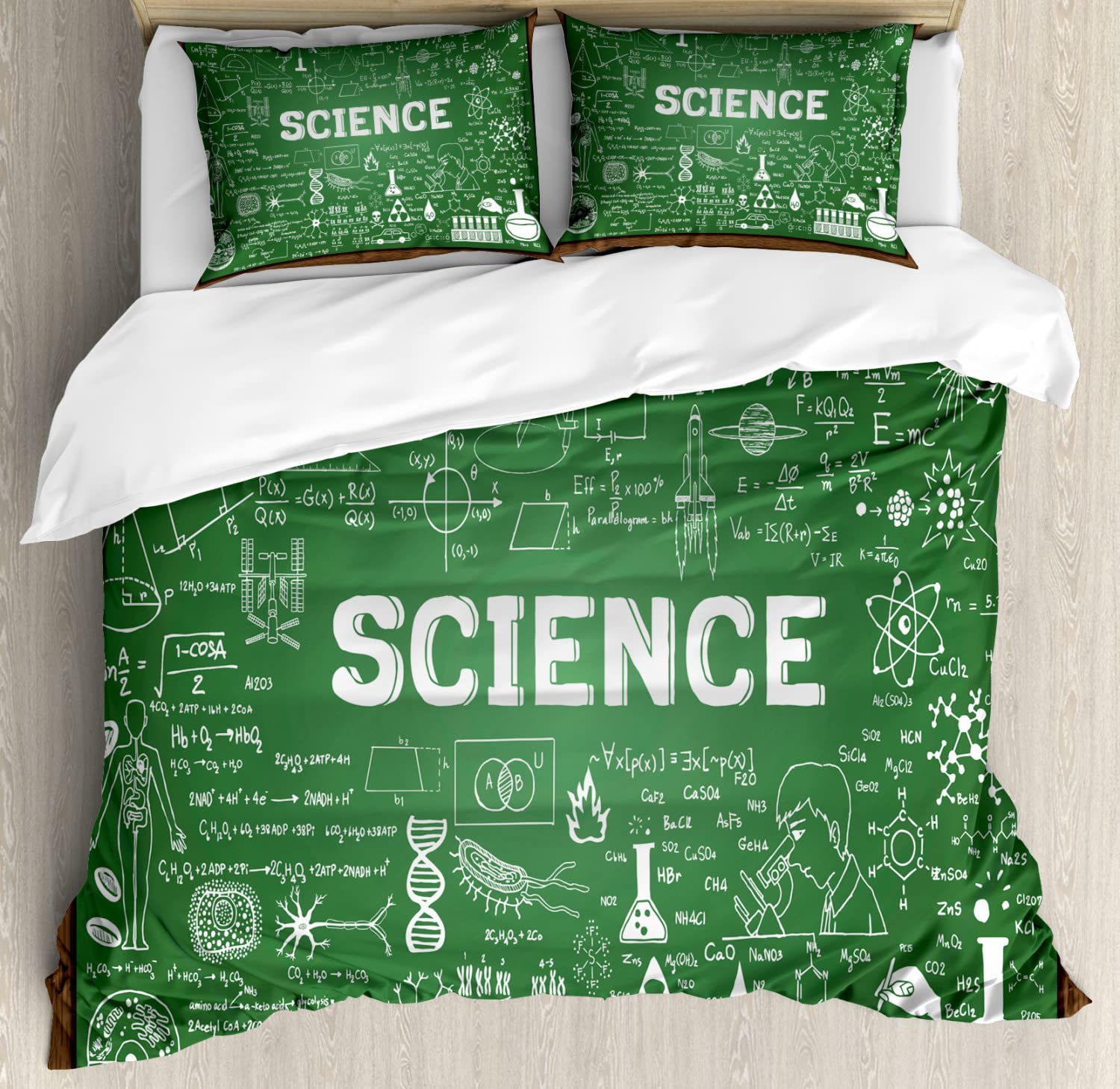 Ambesonne Biology Duvet Cover Set - Hand-Drawn Science Board Design, 2-Pack Queen Size Bedding with 2 Duvet Covers & 4 Pillowcases, Green Brown White - Perfect for Science Lovers' Bedrooms, Dorm Rooms & Themed Decor